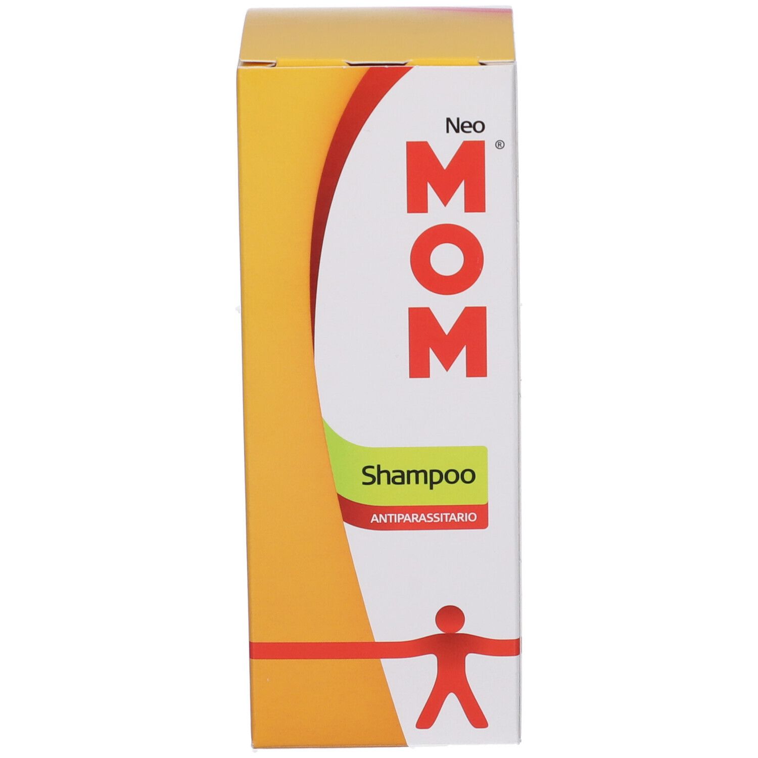 Scatola giallo-bianca. Scritta: Neo MOM Shampoo Antiparassitario. Omino rosso.