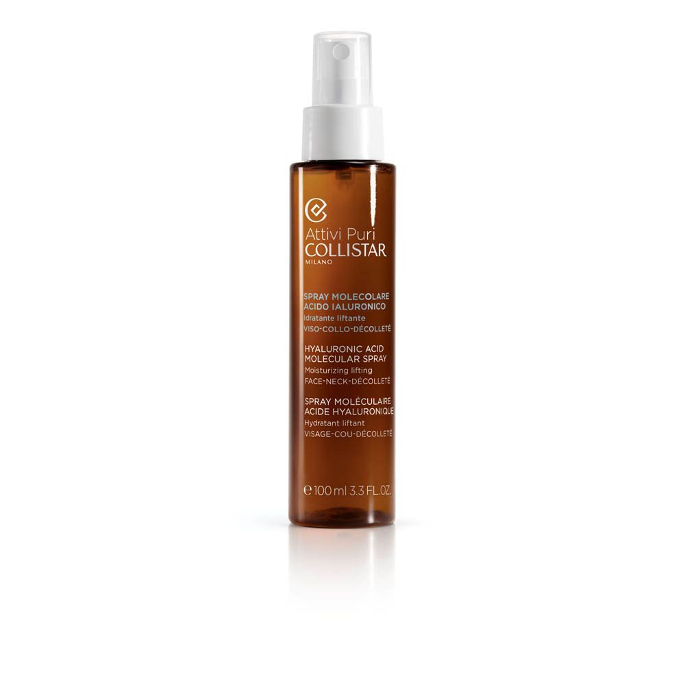 Braune Sprühflasche mit weißem Sprühkopf. Beschriftung: Collistar, Spray Molecolare Acido Ialuronico, 100 ml.