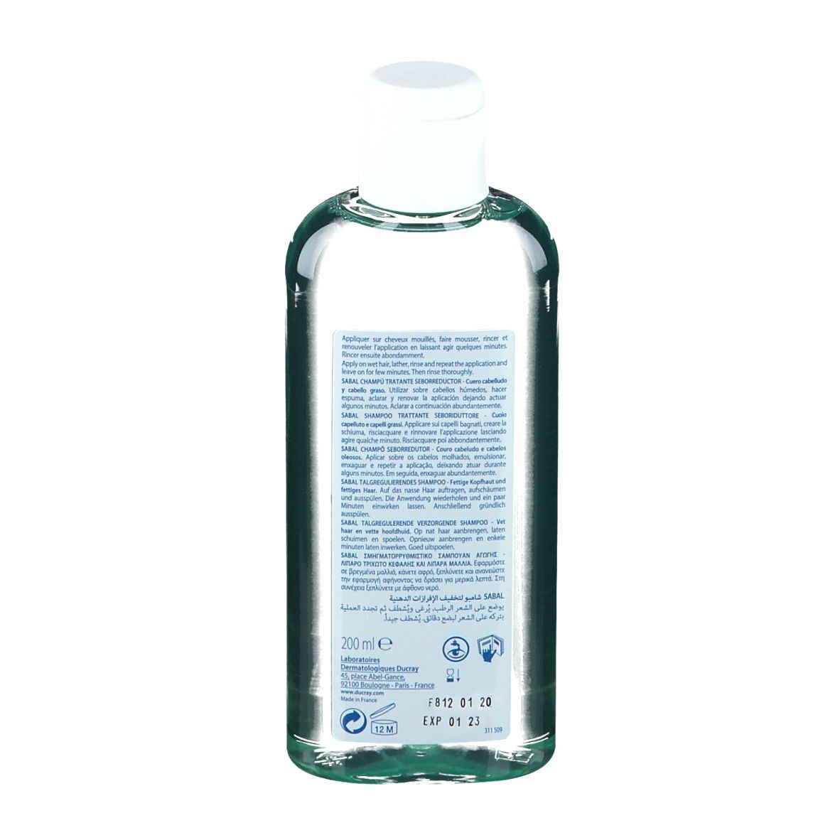 Retro di un flacone di shampoo verde. Testo multilingue. Scritte: 200 ml, Ducray.