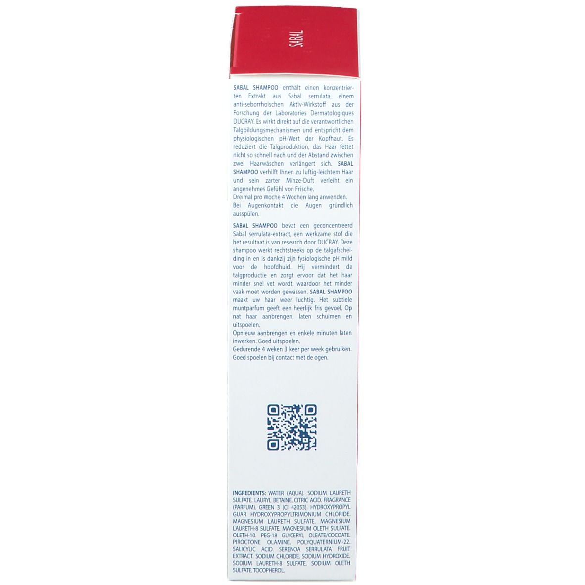 Lato di una scatola bianca con coperchio rosso. Testo in olandese. Scritte: Sabal, Ducray.