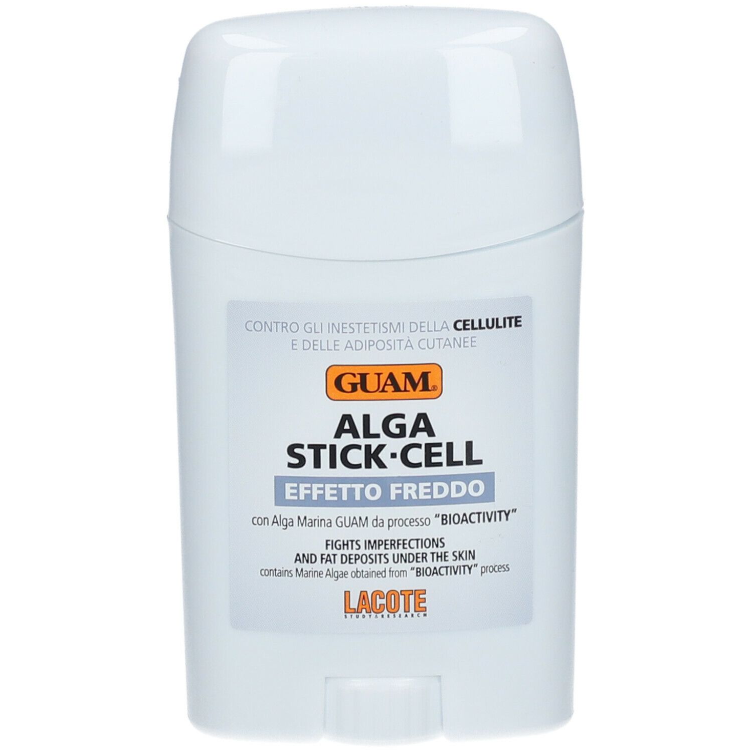 Stick bianco con nome prodotto GUAM Alga Stick-Cell Effetto Freddo. Scritta: 'Contro gli inestetismi della cellulite'.