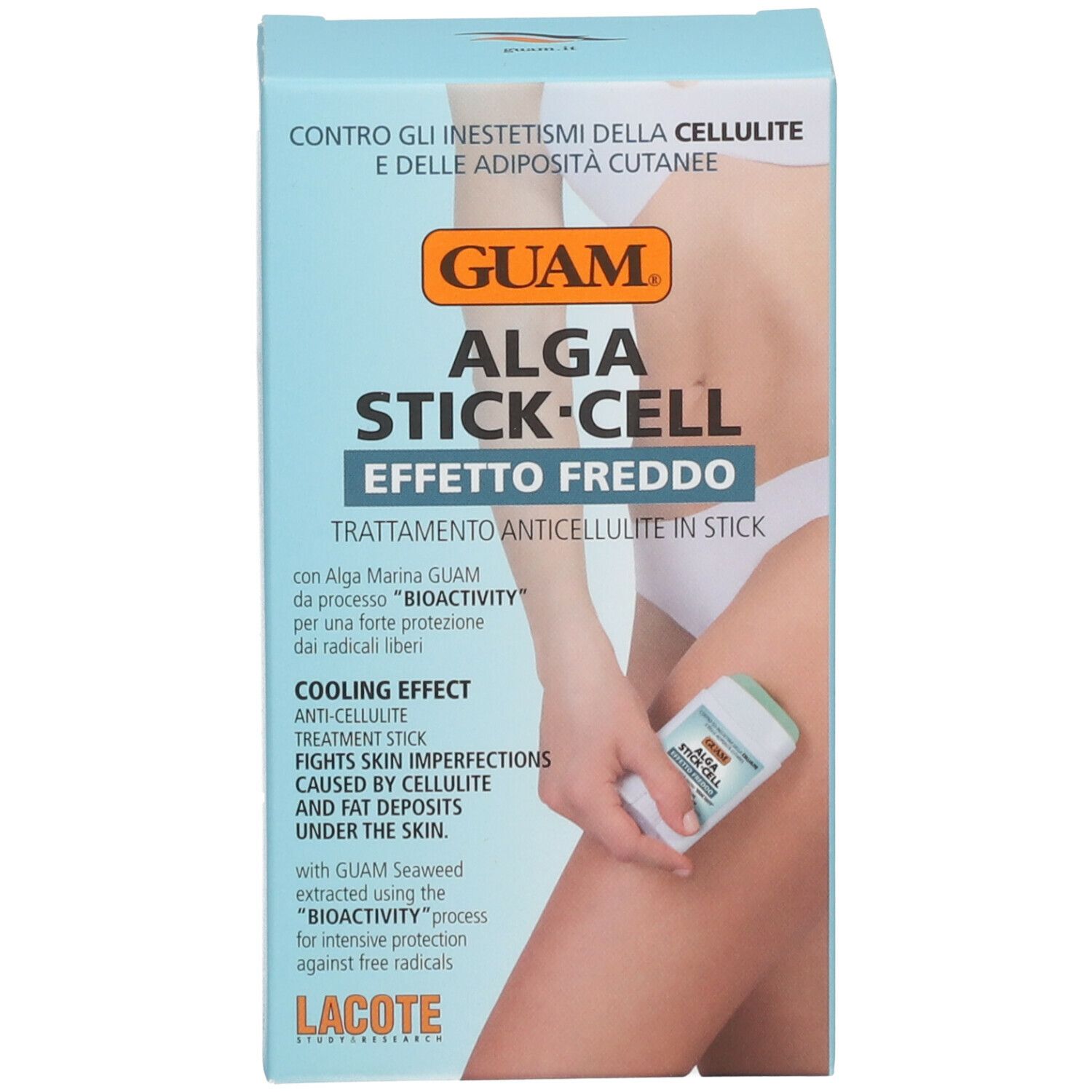 Confezione con nome prodotto GUAM Alga Stick-Cell Effetto Freddo. Donna tiene lo stick sulla gamba.