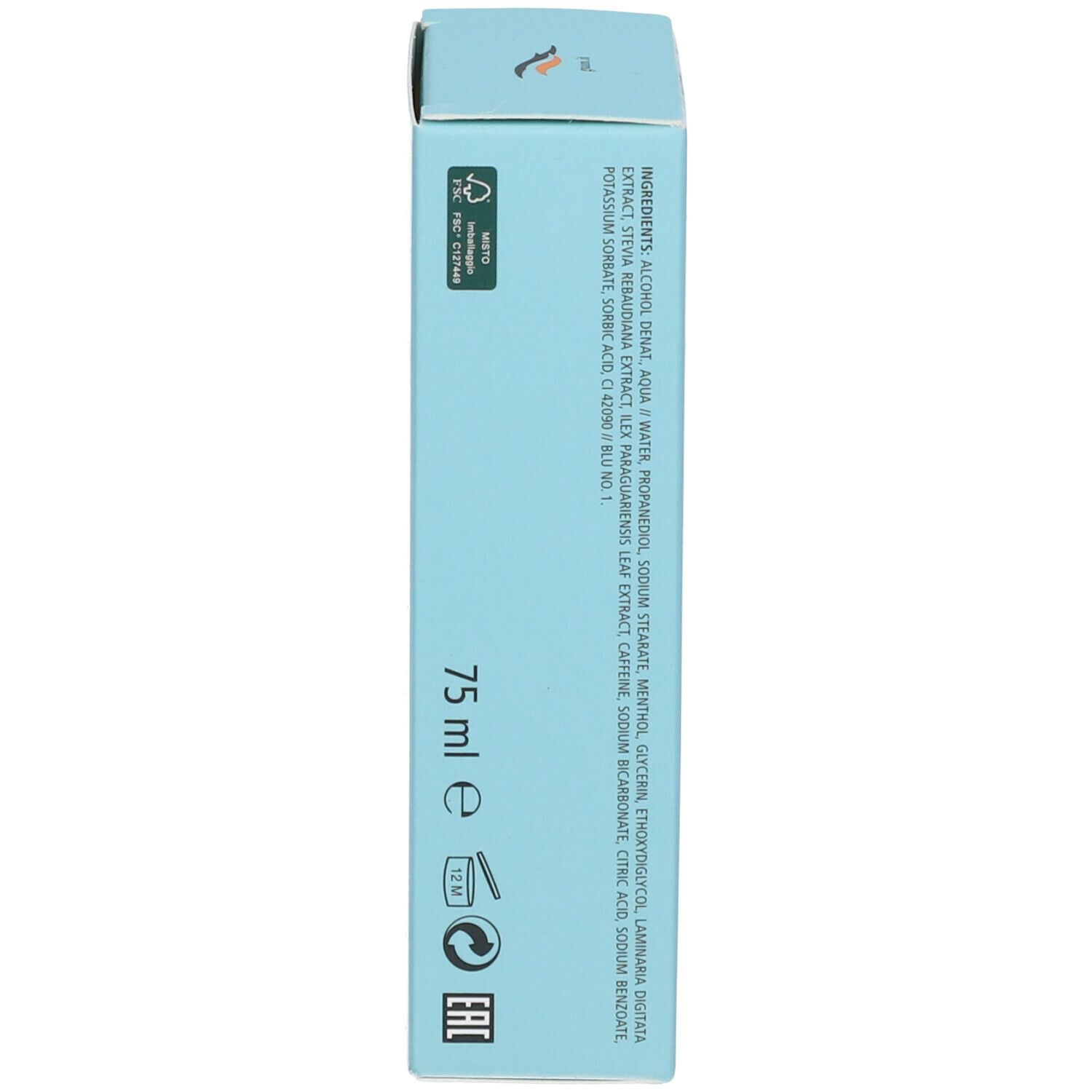 Vista laterale della confezione. Nome prodotto GUAM Alga Stick-Cell Effetto Freddo. Contenuto: 75 ml.