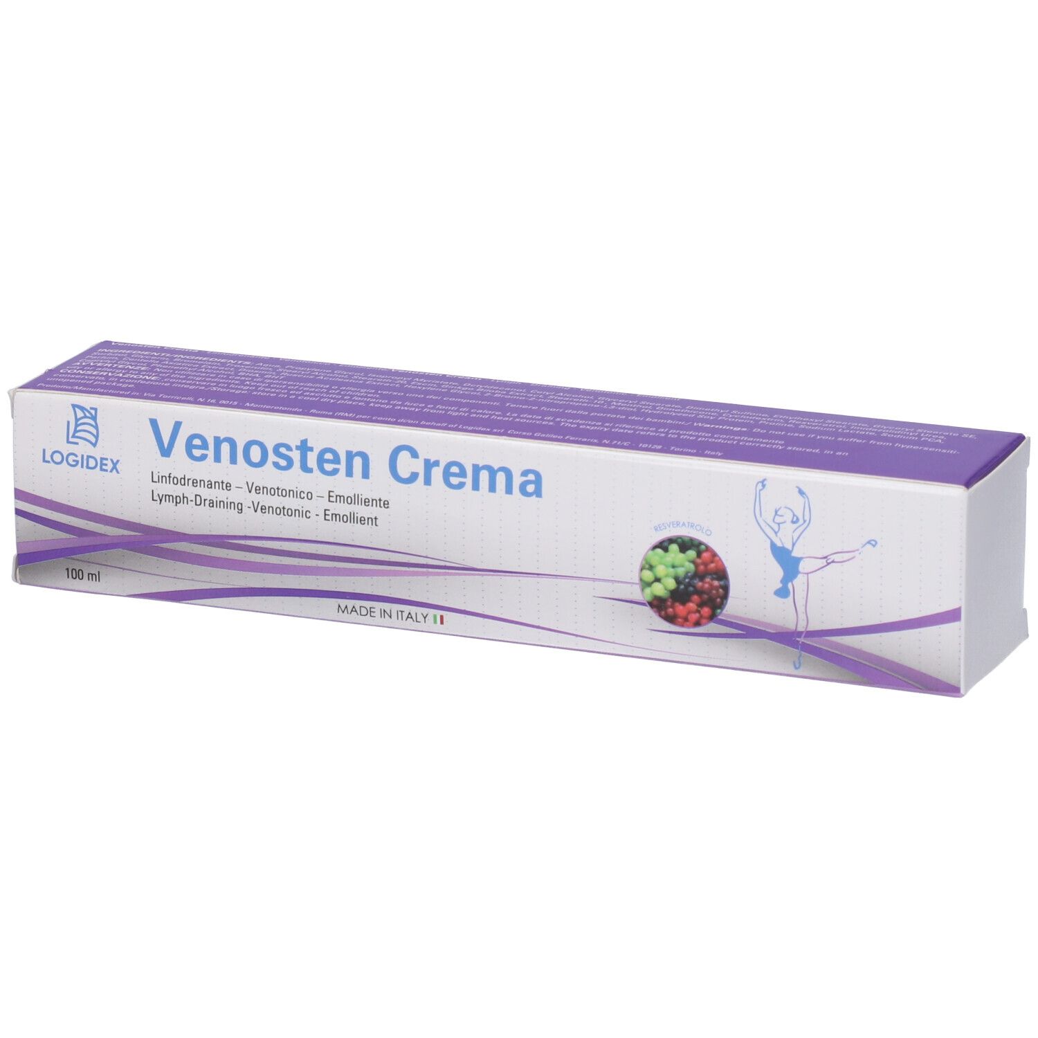 Verpackung von Venosten Crema. Weiß und lila Schachtel mit Produktnamen und Illustration. Hergestellt in Italien.