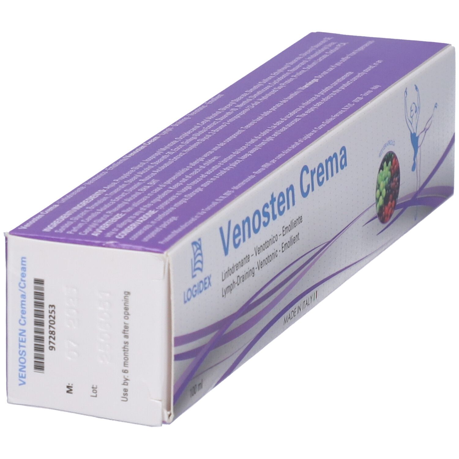 Verpackung von Venosten Crema. Schachtel mit Produktinformationen, Chargennummer und Verfallsdatum. Hergestellt in Italien.