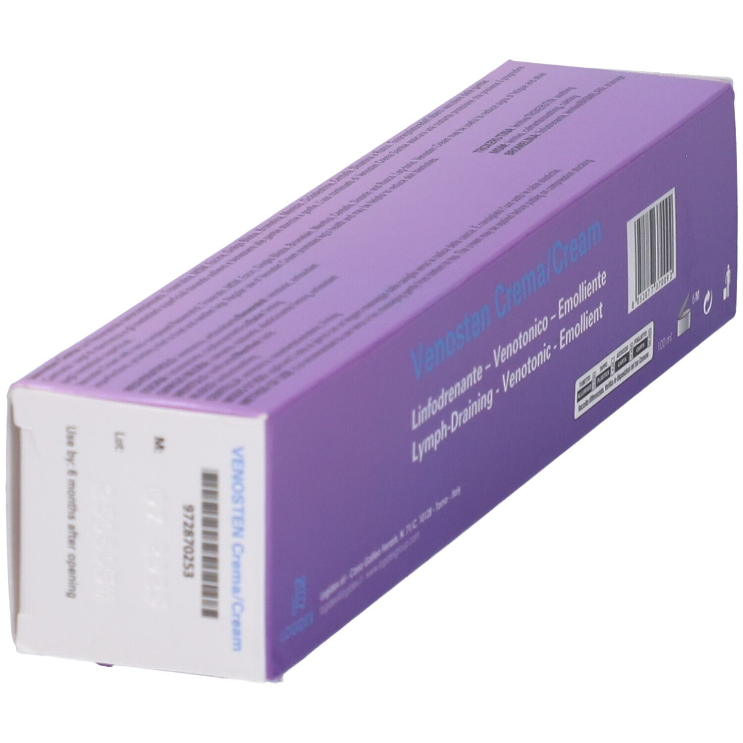 Verpackung von Venosten Crema. Schachtel mit Produktinformationen und Barcode. Hergestellt in Italien.
