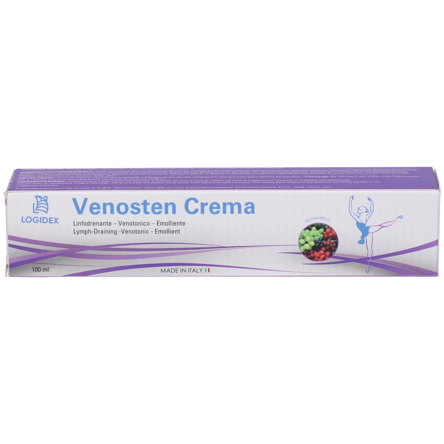 Verpackung von Venosten Crema. Weiße und lila Schachtel mit Produktnamen und Illustration. Hergestellt in Italien.