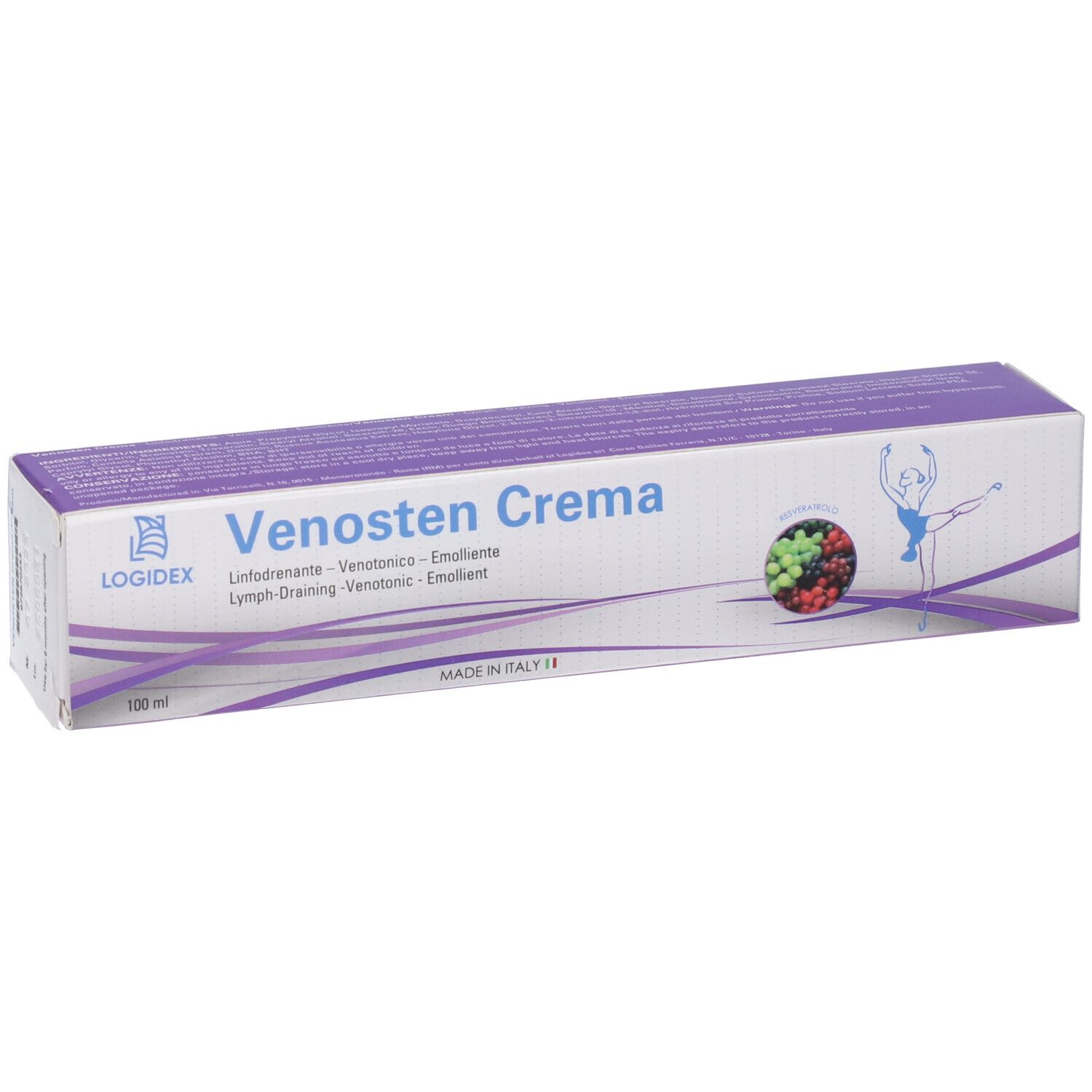 Verpackung von Venosten Crema. Weiße und lila Schachtel mit Produktnamen und Illustration. Hergestellt in Italien.