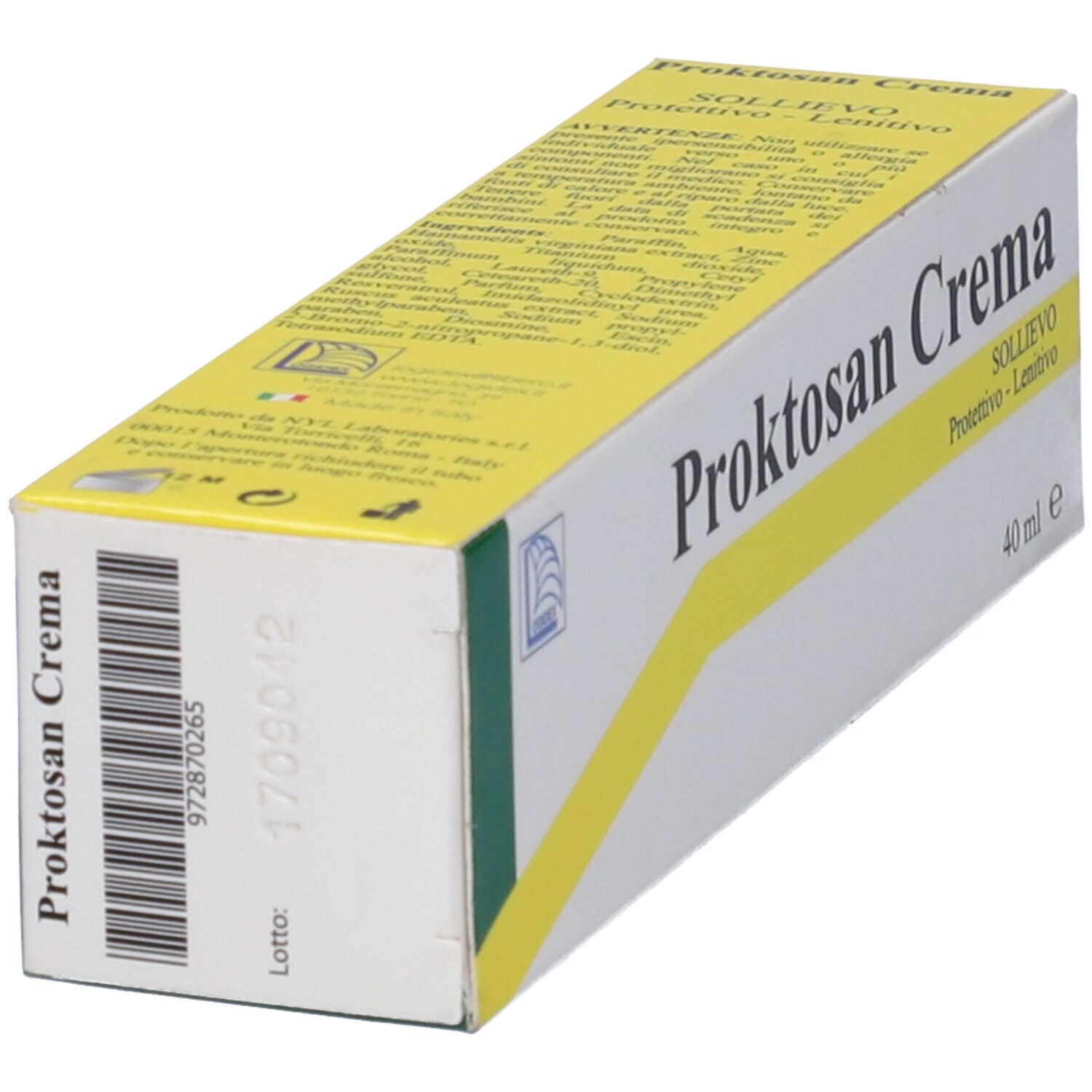 Scatola Proktosan Crema. Design verde e bianco. Scritto: Proktosan Crema, 40 ml. Vista dettagliata.