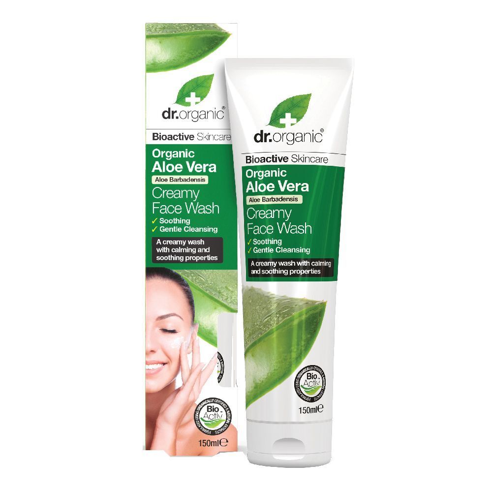Detergente viso cremoso dr.organic. Tubo con confezione verde e bianca. Contiene aloe vera. Testo: Creamy Face Wash.