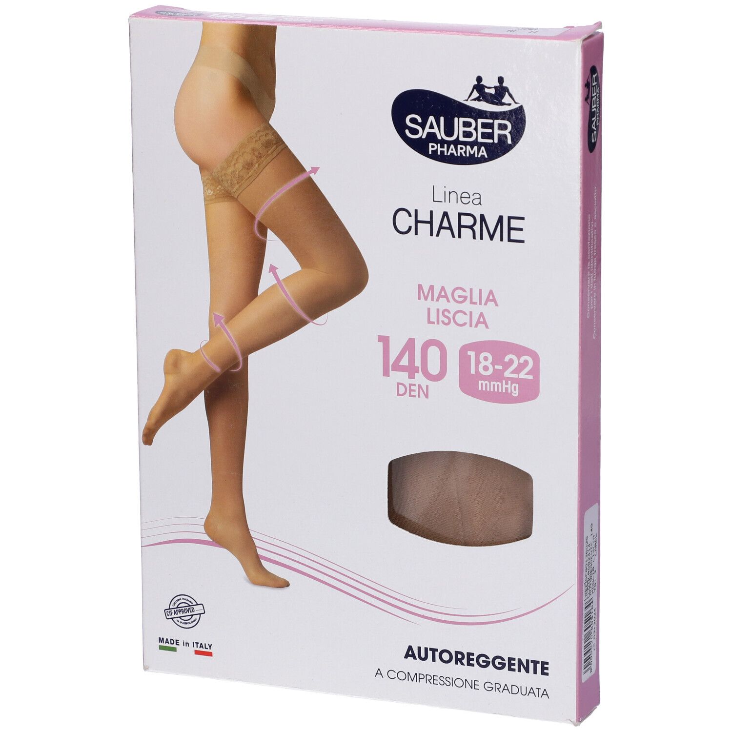 Confezione calze Sauber Pharma, linea Charme, 140 den, autoreggenti. Calze beige illustrate. Taglia 18-22 mmHg. Confezione rosa e bianca.