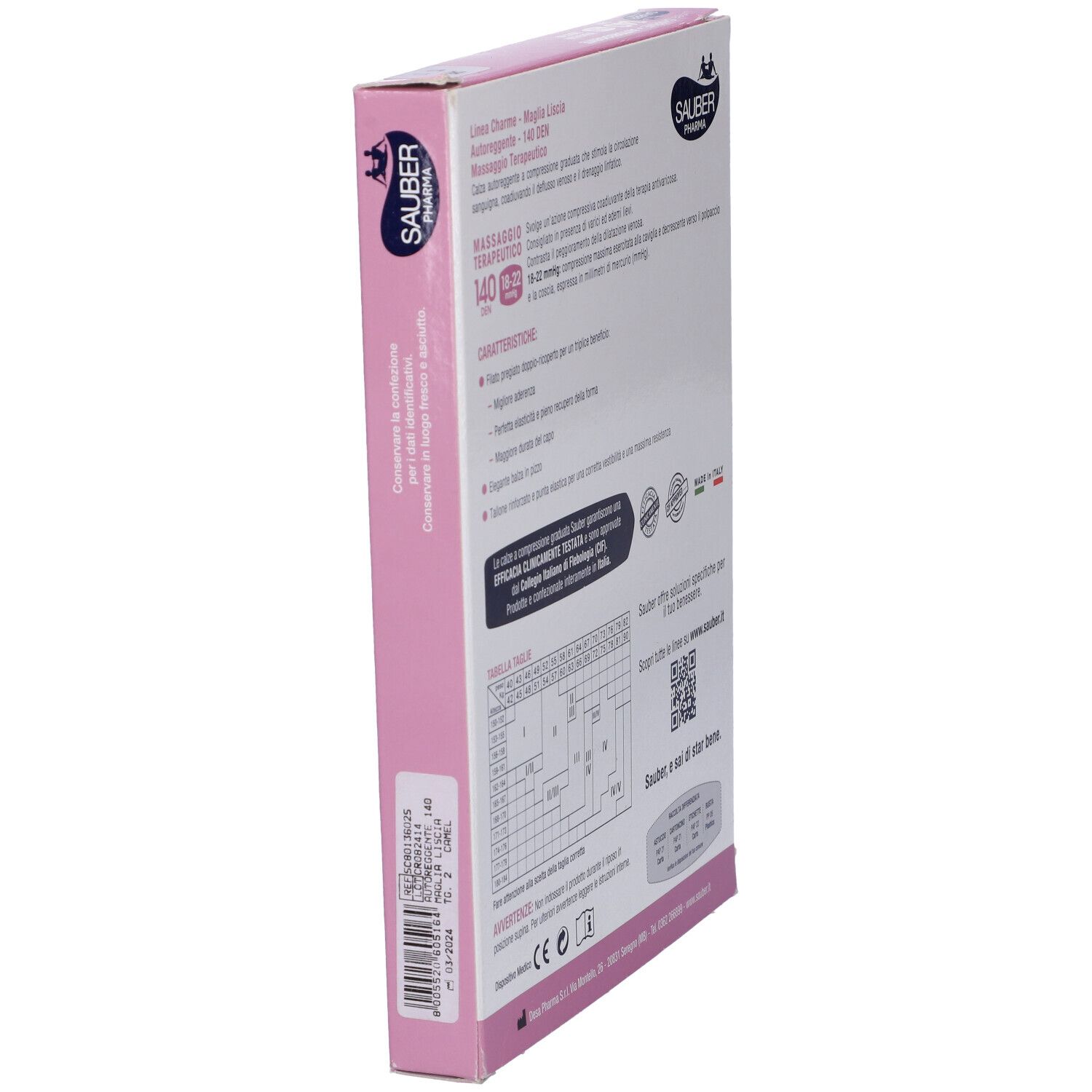 Vista laterale confezione calze Sauber Pharma, linea Charme, 140 den, autoreggenti. Testo e tabella taglie. Confezione rosa e bianca.