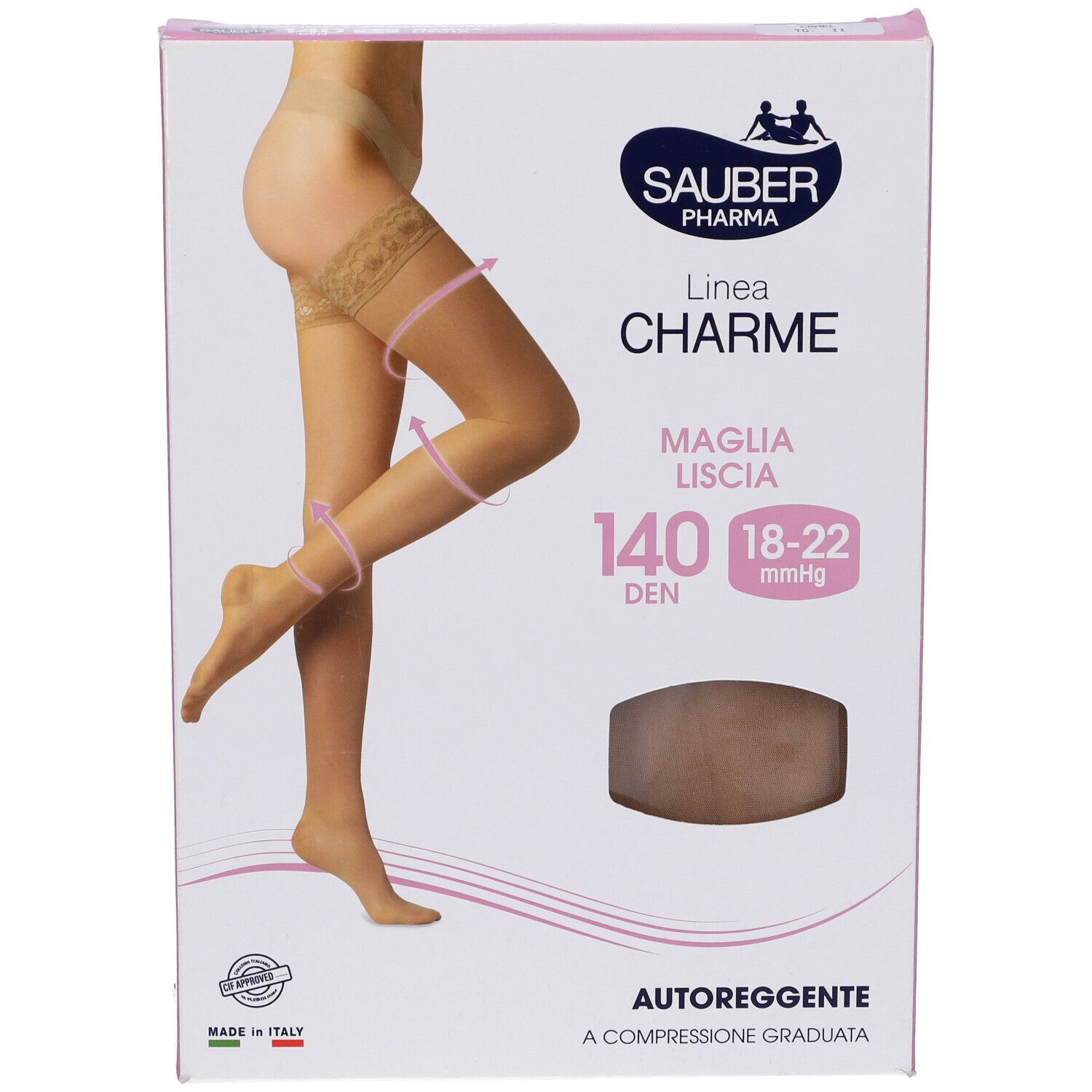 Confezione calze Sauber Pharma, linea Charme, 140 den, autoreggenti. Calze beige illustrate. Taglia 18-22 mmHg. Confezione rosa e bianca.