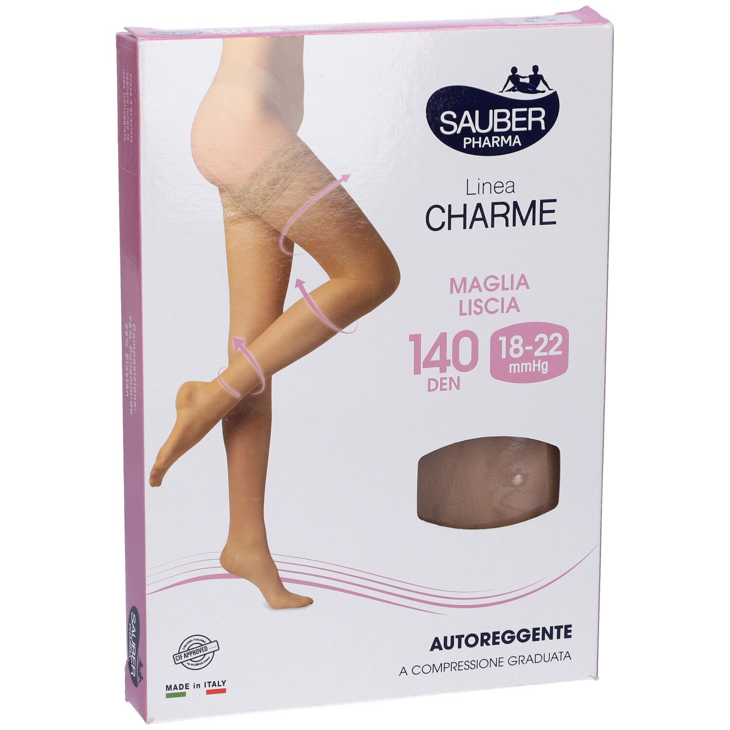 Confezione calze Sauber Pharma, linea Charme, 140 den, autoreggenti. Calze beige illustrate. Taglia 18-22 mmHg. Confezione rosa e bianca.