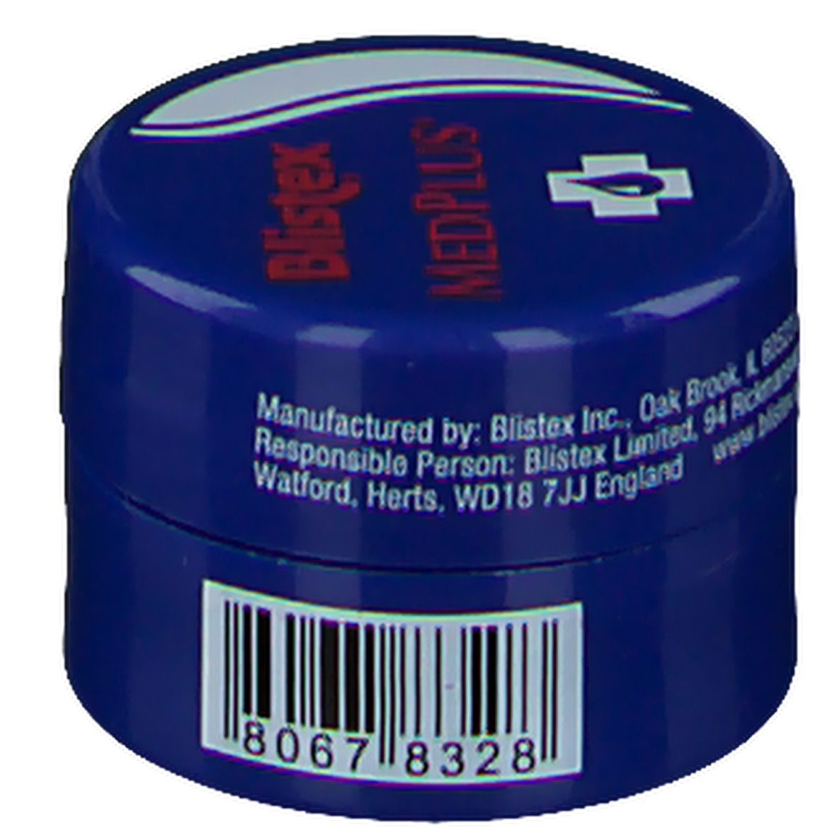 Pot bleu avec couvercle. "Blistex MEDPLUS" et logo. Code-barres. Informations fabricant.