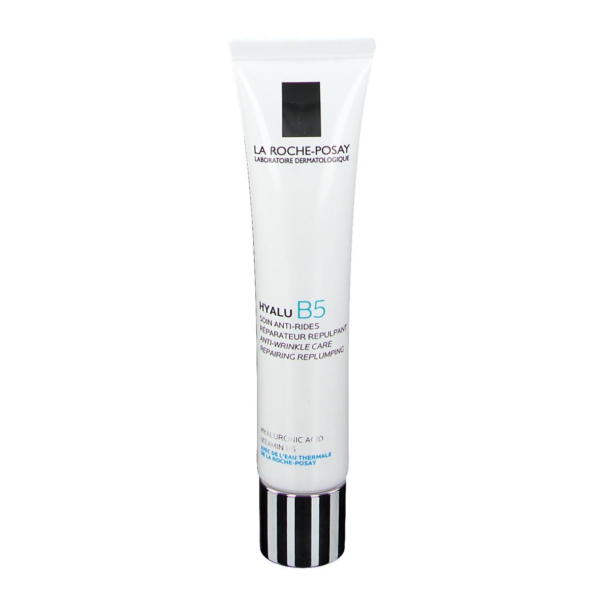 Tubo bianco. La Roche-Posay. HYALU B5 Anti-Wrinkle Care. Testo. Tappo nero. Bordo argentato.