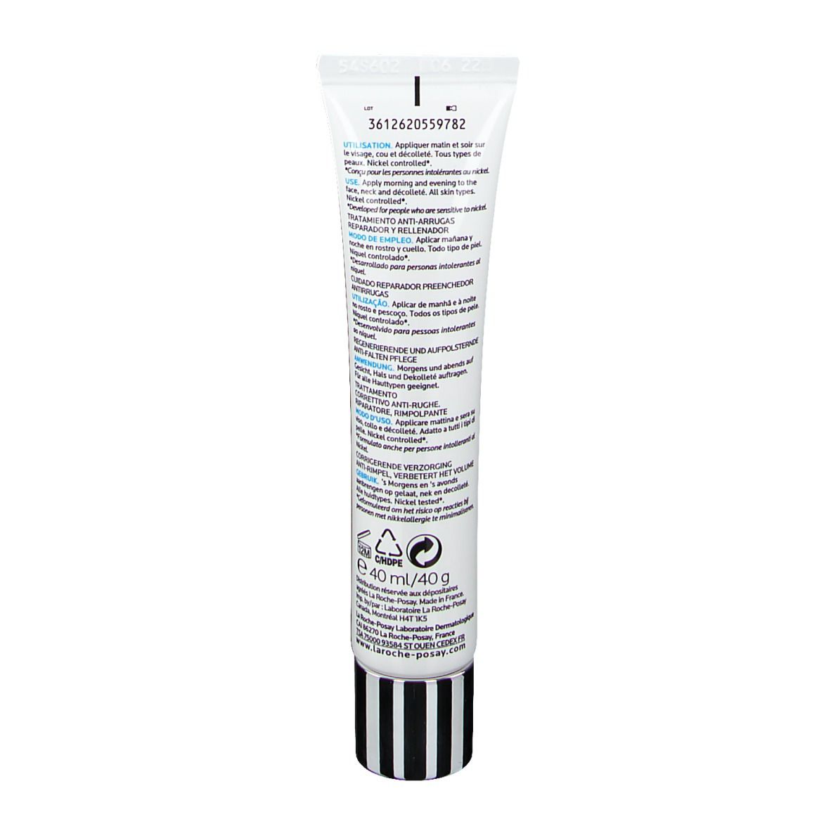 Retro del tubo. Testo. 40 ml/40 g. Codice EAN. Strisce bianche e nere in basso.
