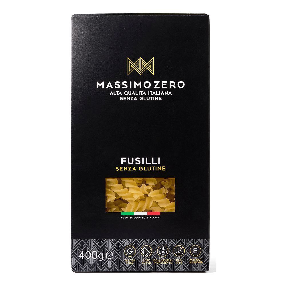 Confezione nera Massimo Zero Fusilli Senza Glutine. Finestra con pasta. 400g. Sigilli senza glutine.
