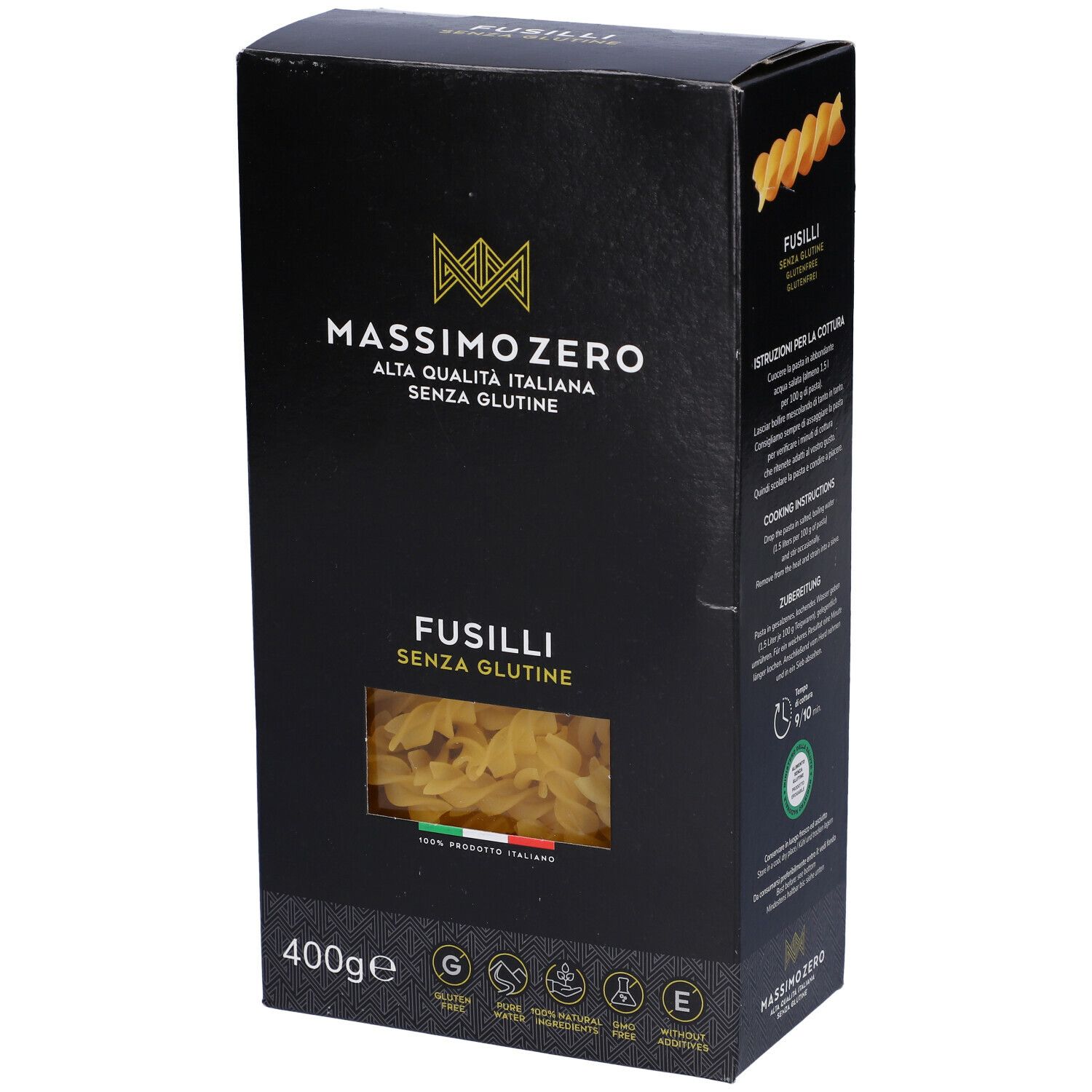 Confezione nera Massimo Zero Fusilli Senza Glutine. Vista laterale. 400g. Sigilli senza glutine. Testo e pasta.
