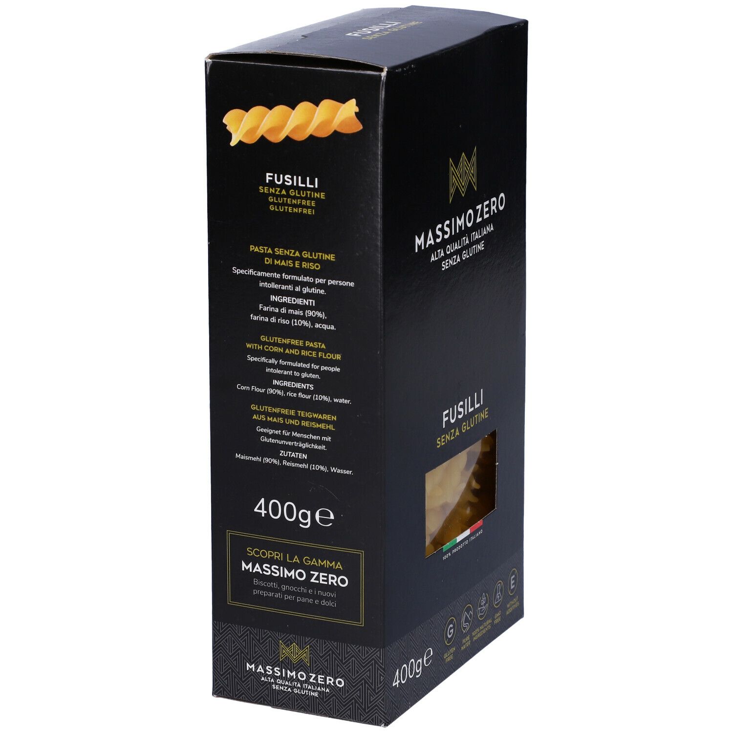 Confezione nera Massimo Zero Fusilli Senza Glutine. Vista laterale con testo e pasta. 400g. Sigilli senza glutine.