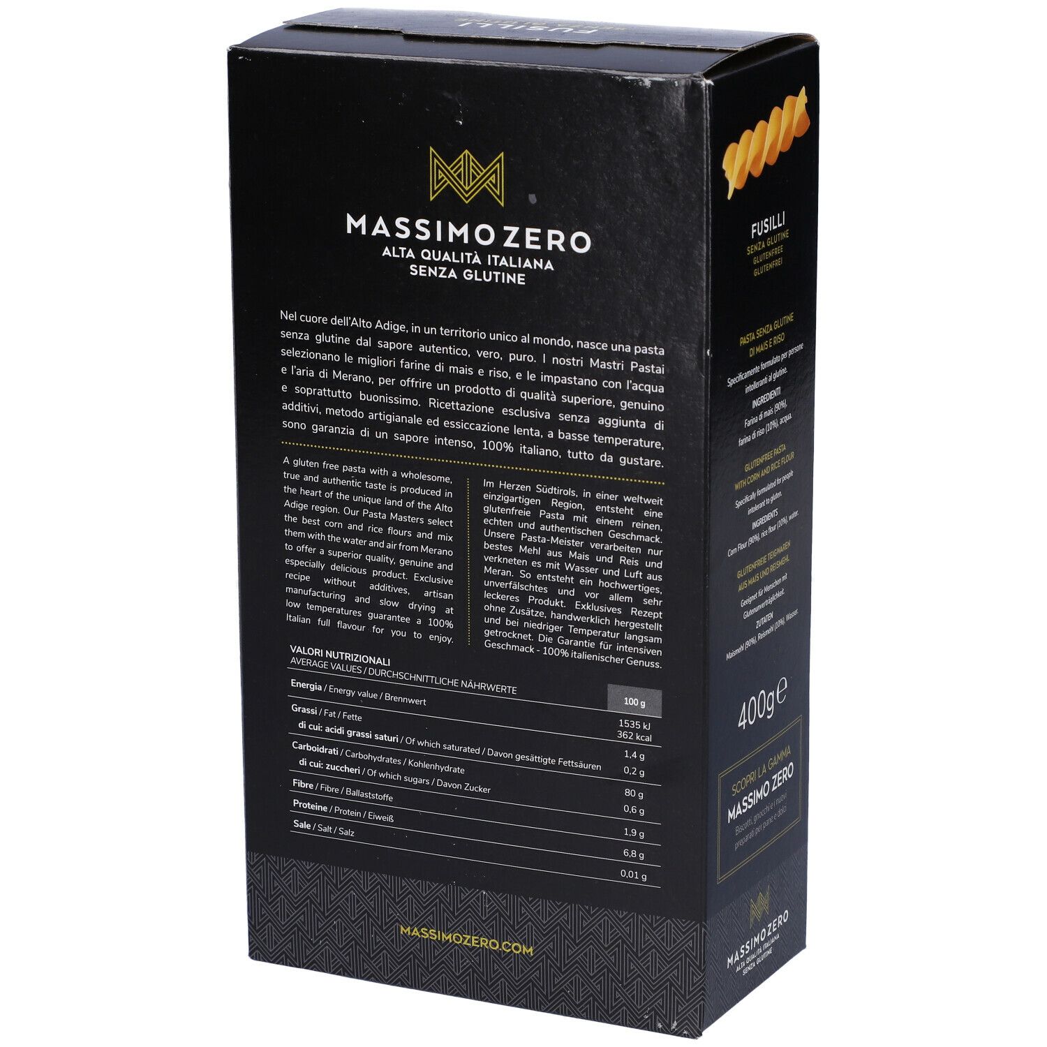 Retro della confezione nera Massimo Zero Fusilli Senza Glutine. Testo, informazioni nutrizionali, 400g.