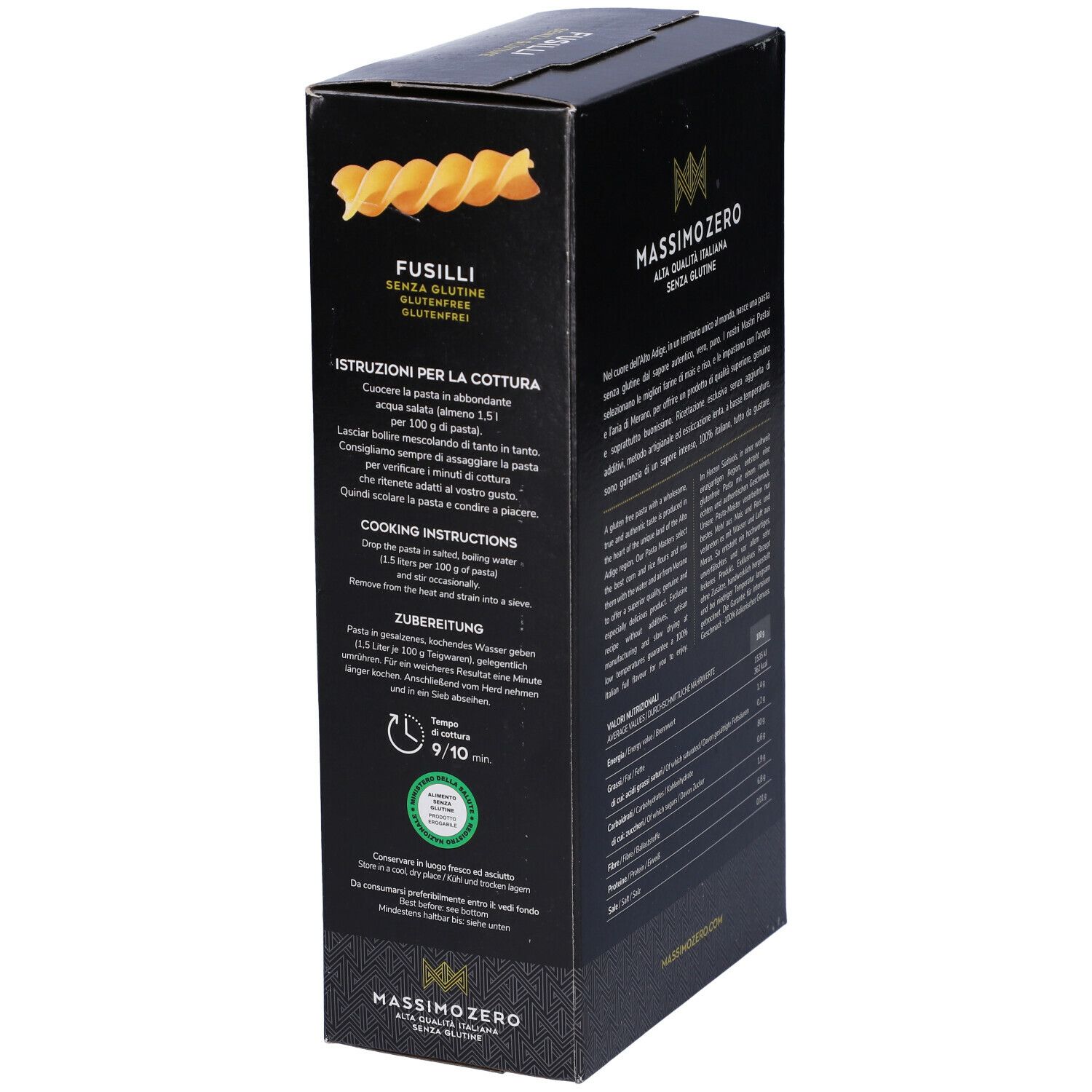 Confezione nera Massimo Zero Fusilli Senza Glutine. Vista laterale con istruzioni di cottura. 400g.