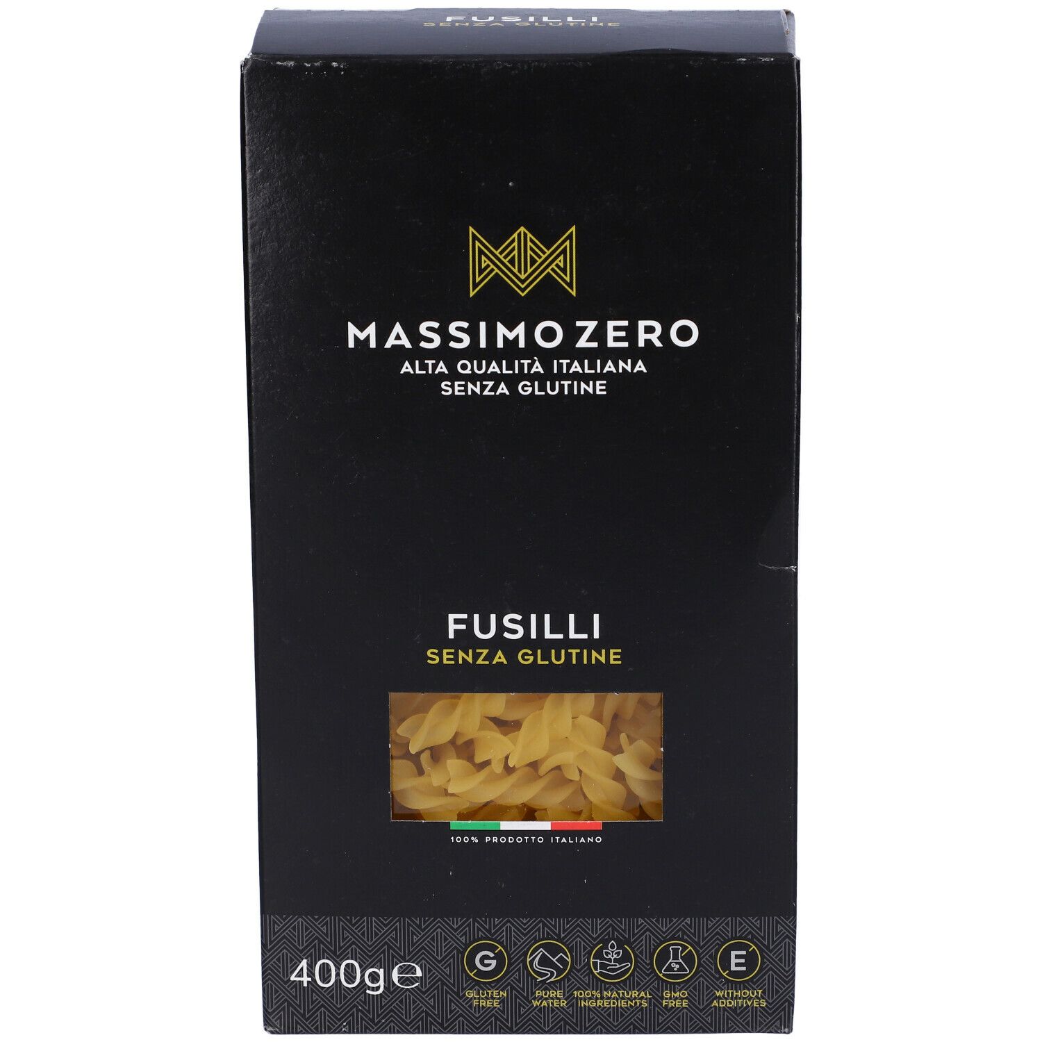 Confezione nera Massimo Zero Fusilli Senza Glutine. Finestra con pasta. 400g. Sigilli senza glutine.