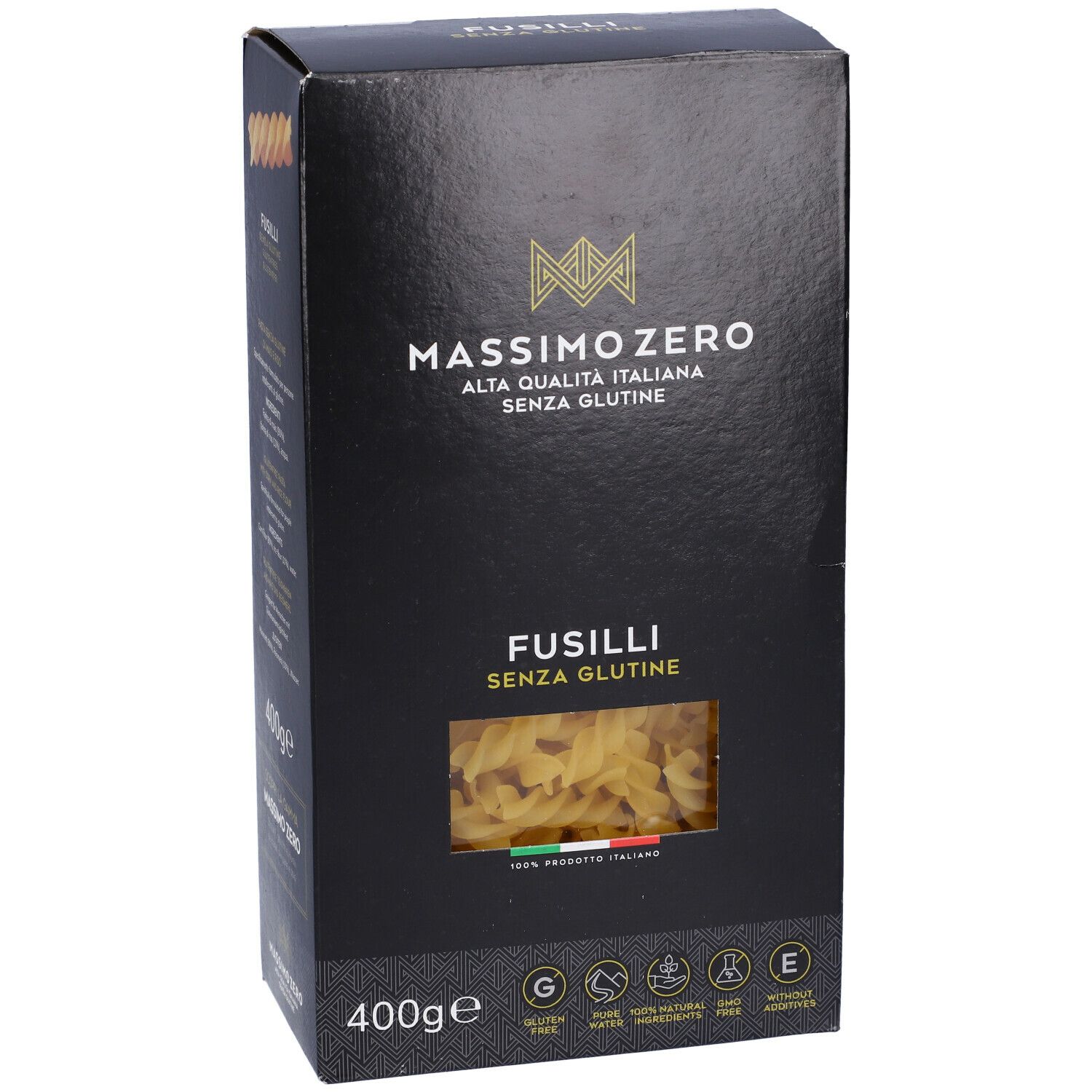 Confezione nera Massimo Zero Fusilli Senza Glutine. Finestra con pasta. 400g. Sigilli senza glutine.