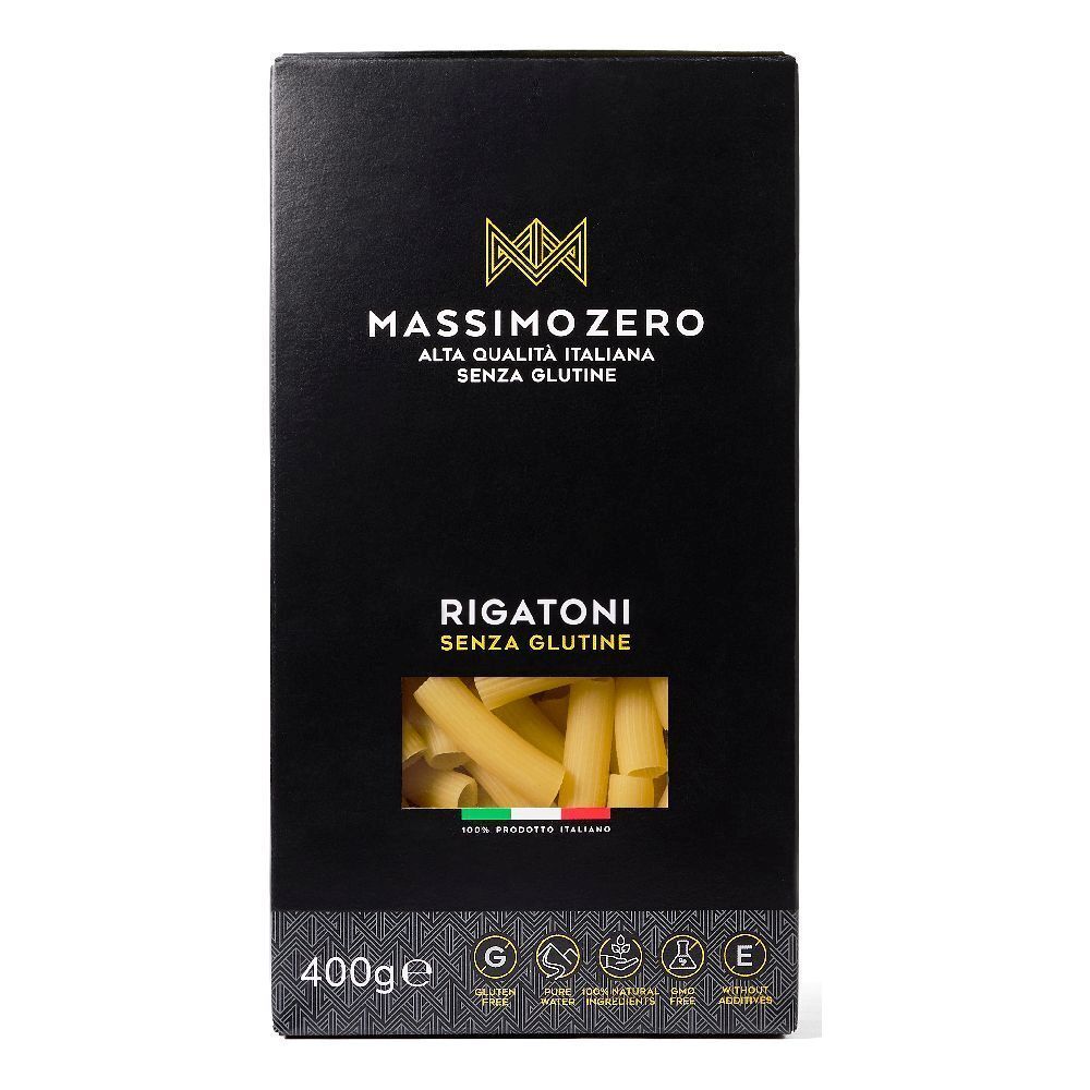 Confezione nera di Rigatoni Massimo Zero. Finestra con pasta. Senza glutine. 400g. Bandiera italiana.