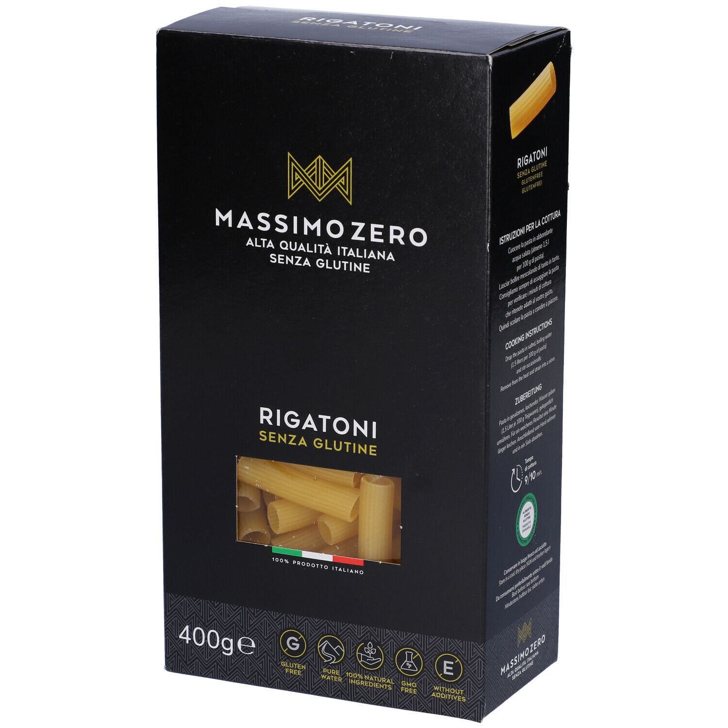 Confezione nera di Rigatoni Massimo Zero, vista laterale. Senza glutine. 400g. Logo e testo. Bandiera italiana.