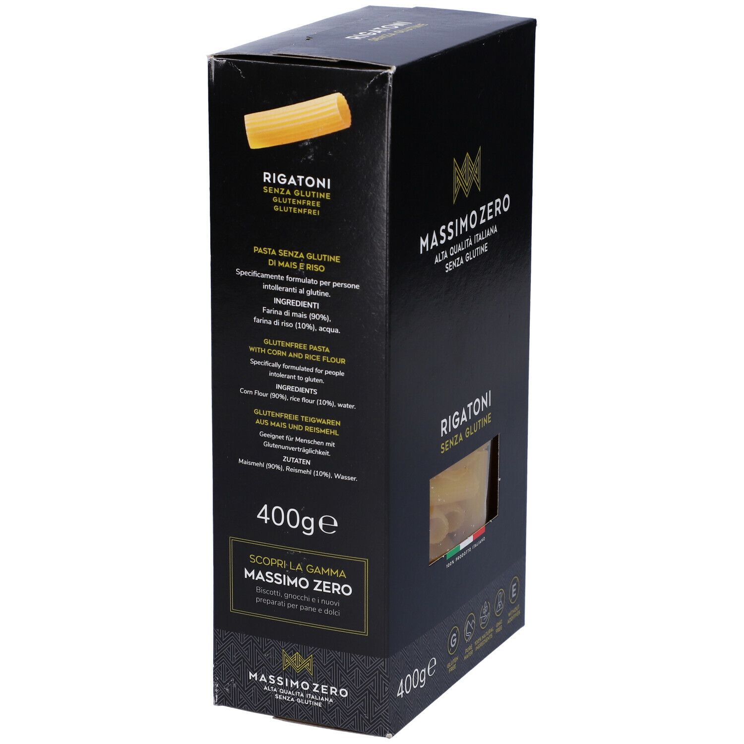Confezione nera di Rigatoni Massimo Zero. Testo e ingredienti. Senza glutine. 400g. Logo. Bandiera italiana.