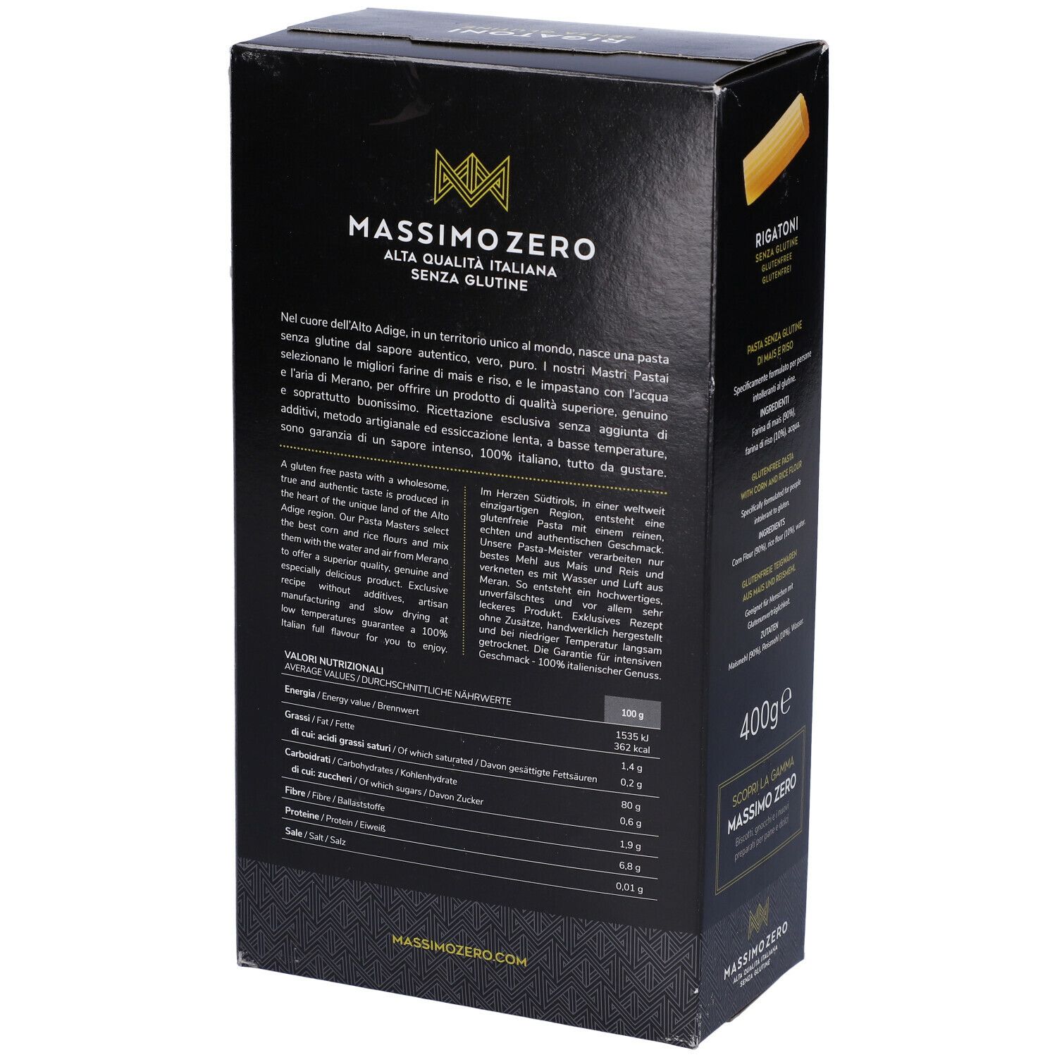 Confezione nera di Rigatoni Massimo Zero. Retro con informazioni nutrizionali. Senza glutine. 400g. Logo.
