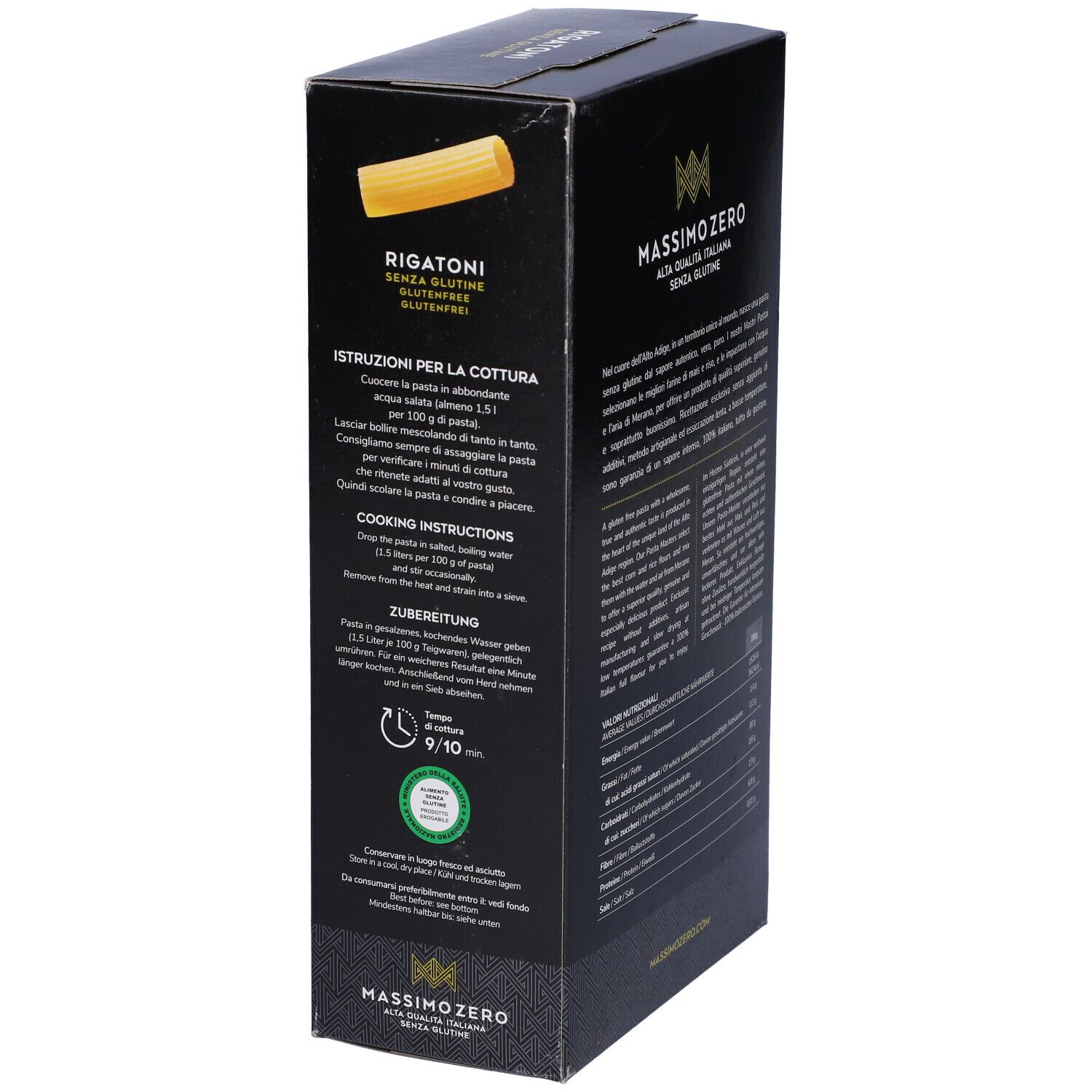 Confezione nera di Rigatoni Massimo Zero. Istruzioni per la cottura. Senza glutine. 400g. Logo. Bandiera italiana.