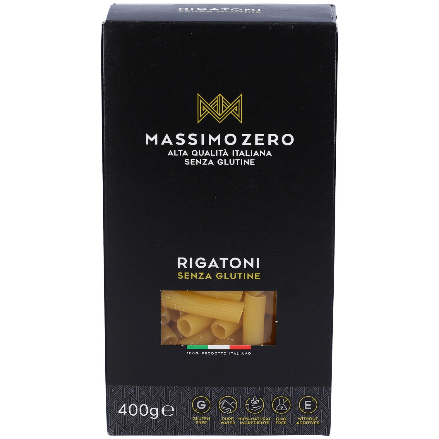 Confezione nera di Rigatoni Massimo Zero. Finestra con pasta. Senza glutine. 400g. Bandiera italiana.