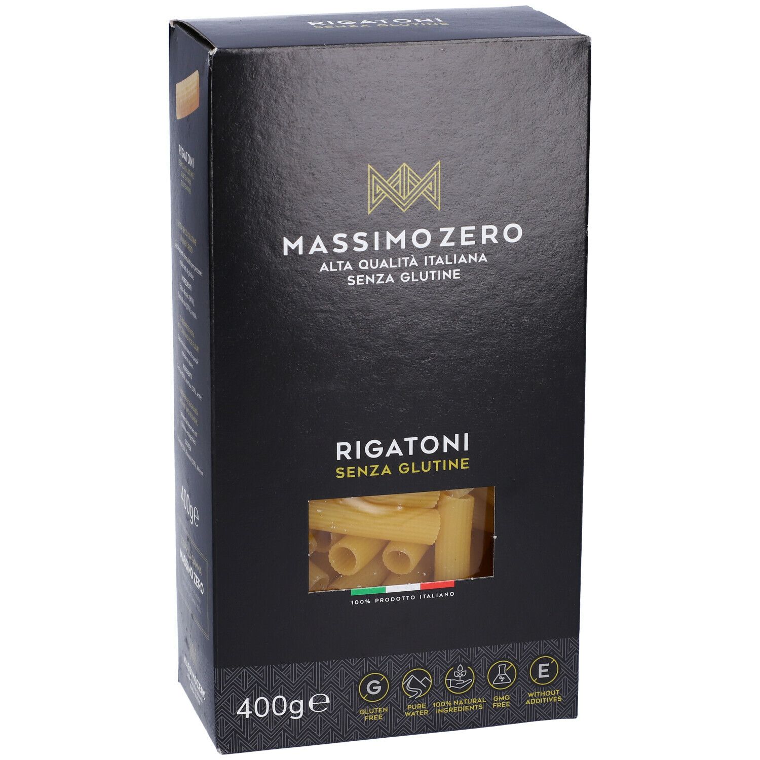 Confezione nera di Rigatoni Massimo Zero. Finestra con pasta. Senza glutine. 400g. Bandiera italiana.