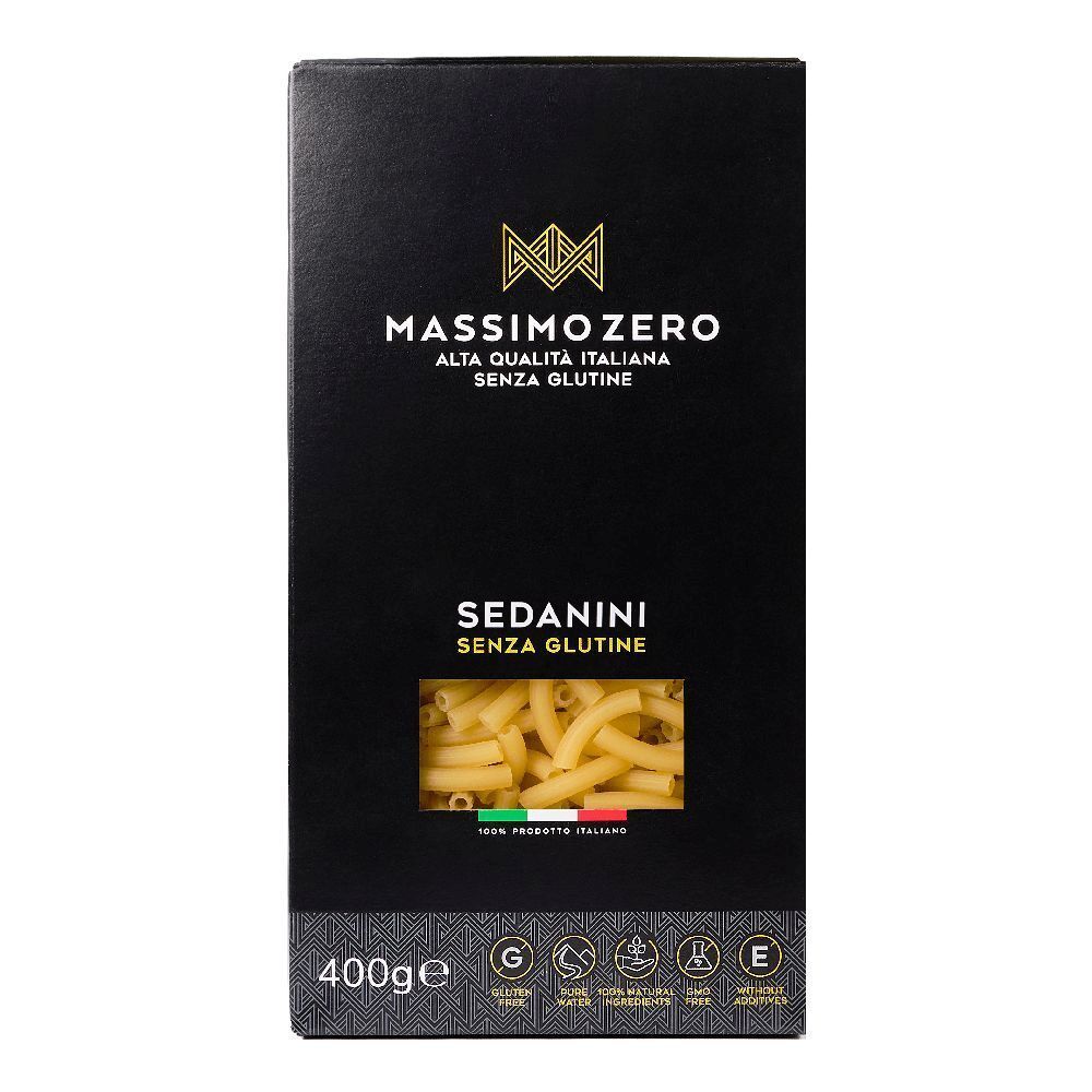 Confezione nera Massimo Zero Sedanini Rigati. Finestra con pasta. 400g. Senza glutine.