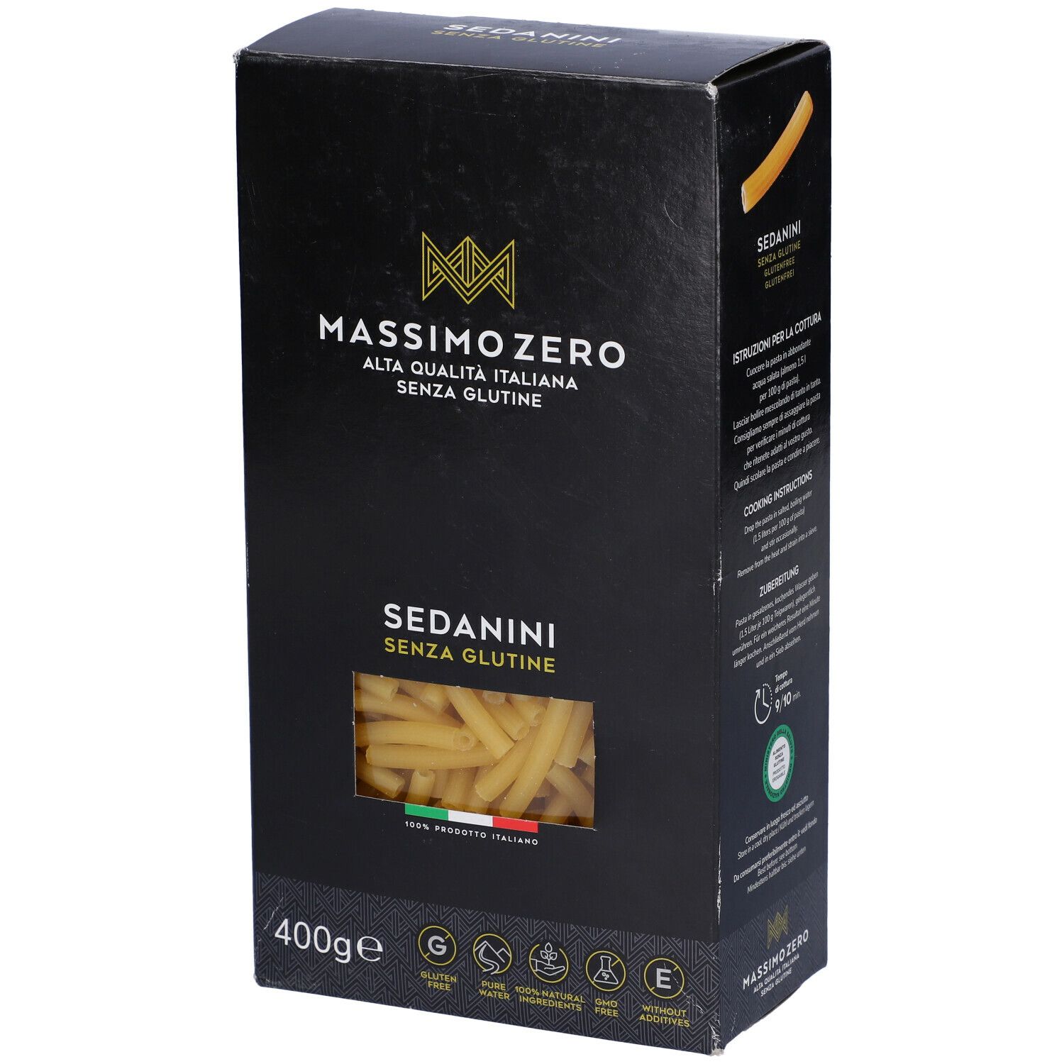 Confezione nera Massimo Zero Sedanini Rigati. Vista laterale. Finestra con pasta. 400g. Senza glutine.