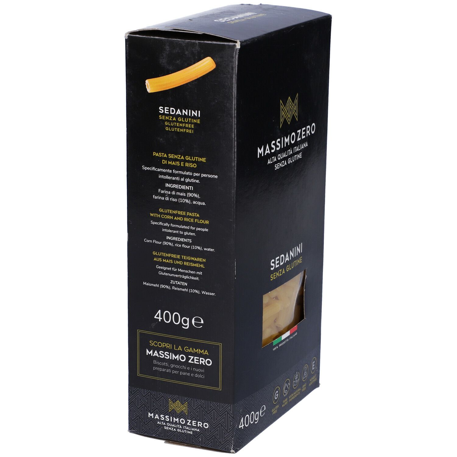 Confezione nera Massimo Zero Sedanini Rigati. Retro con lista ingredienti e valori nutrizionali. 400g.
