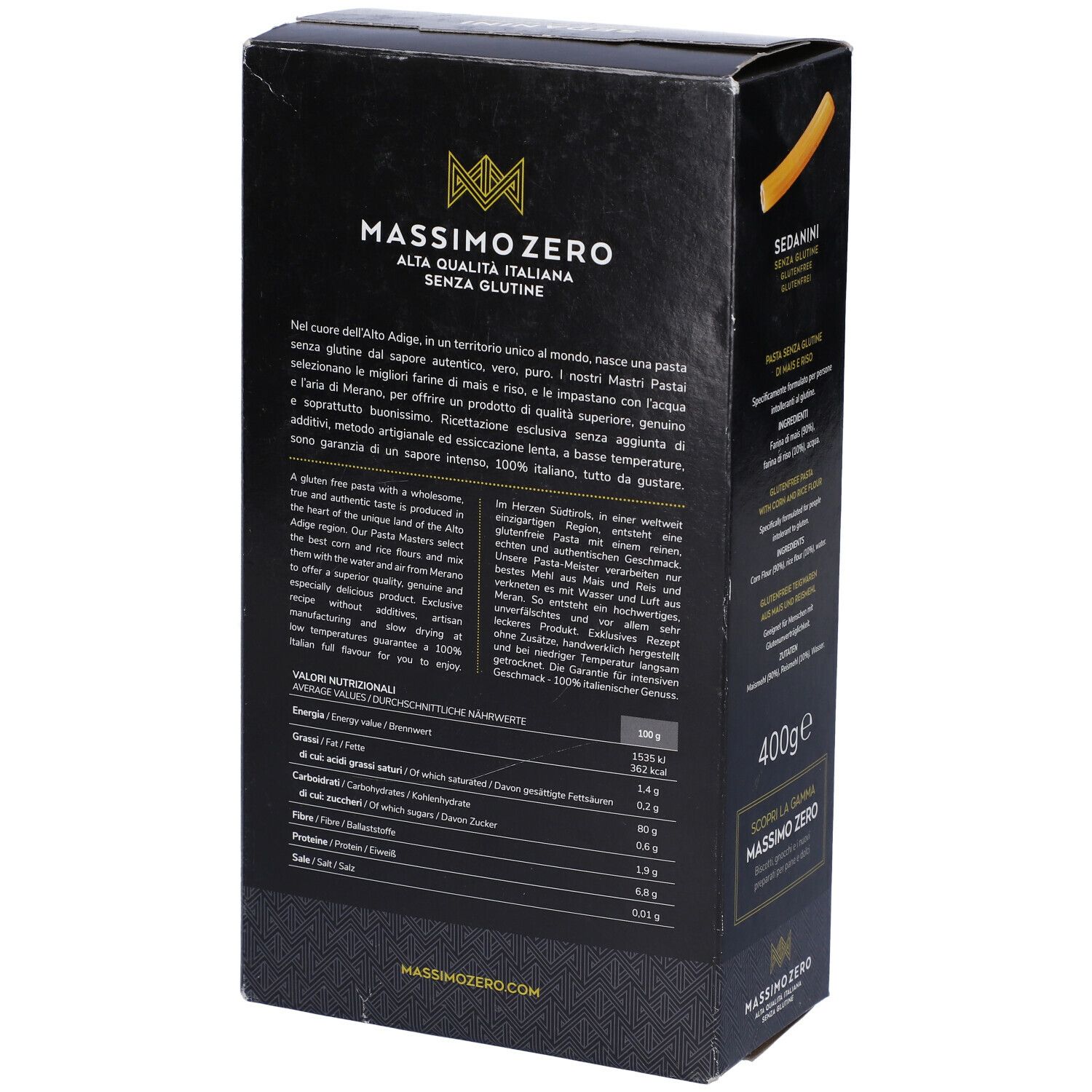 Confezione nera Massimo Zero Sedanini Rigati. Istruzioni di cottura e preparazione. 400g. Senza glutine.