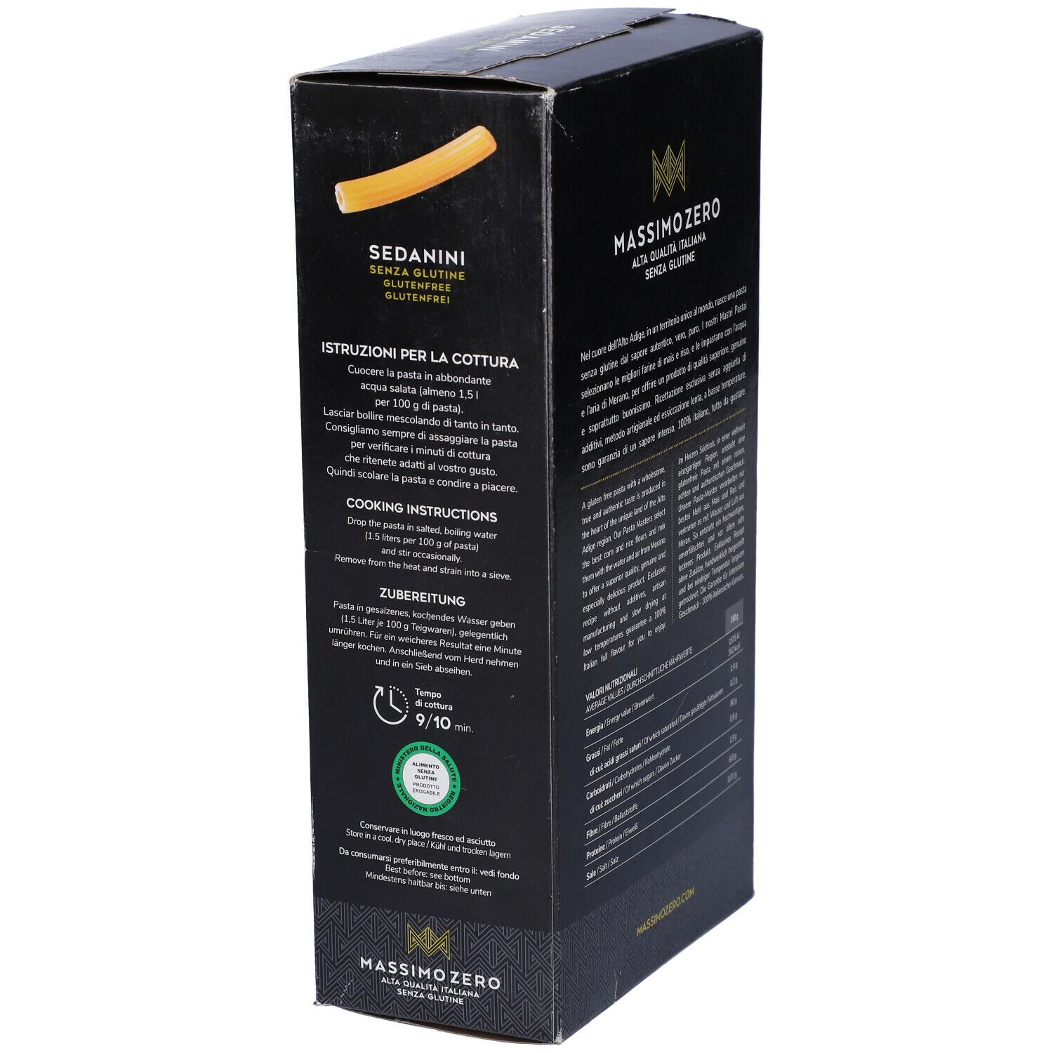 Confezione nera Massimo Zero Sedanini Rigati. Finestra con pasta. 400g. Senza glutine.
