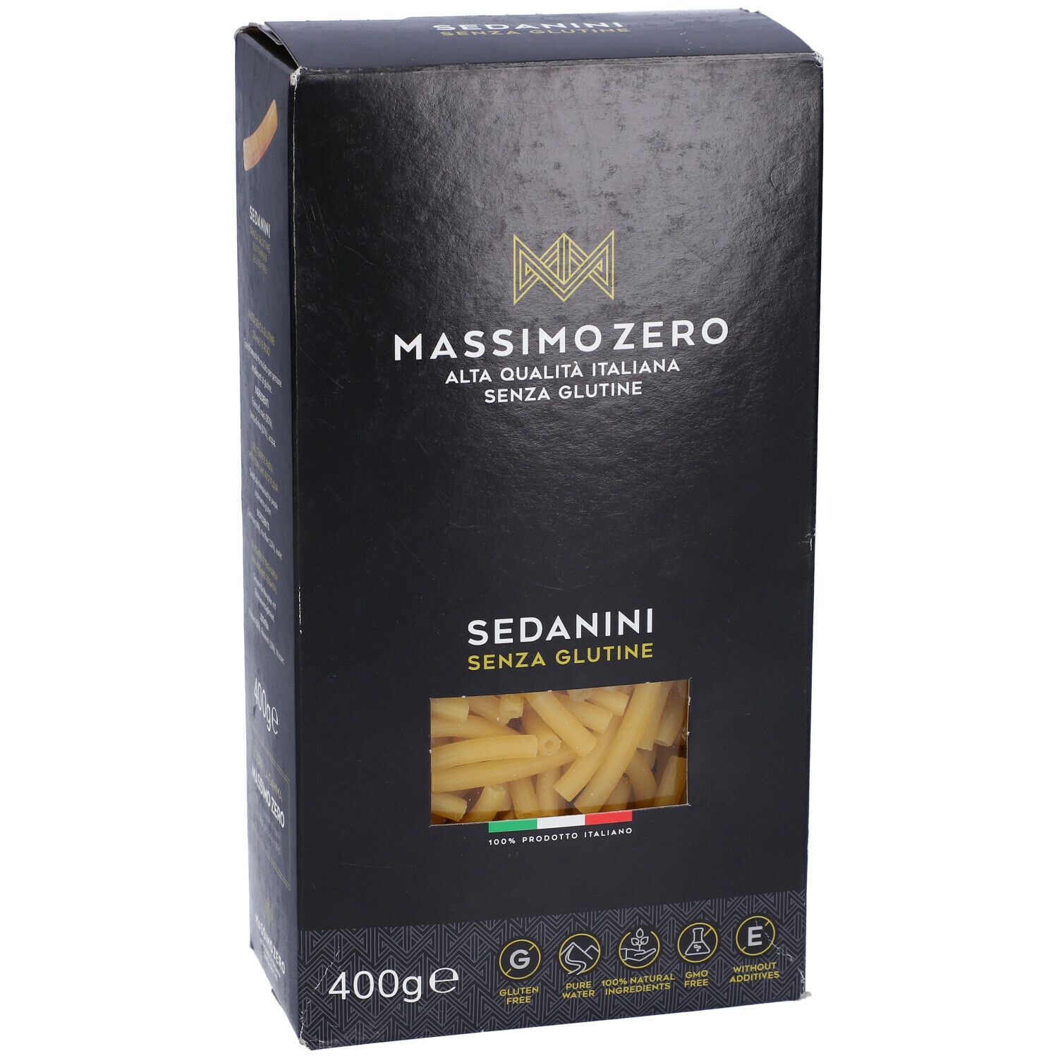 Confezione nera Massimo Zero Sedanini Rigati. Vista laterale. Finestra con pasta. 400g. Senza glutine.