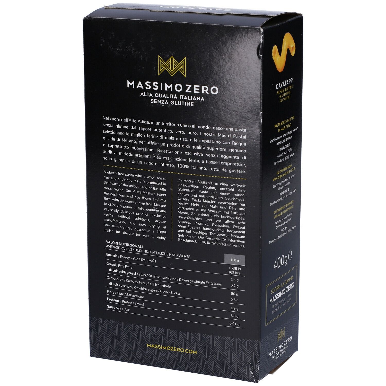 Confezione nera Massimo Zero Cavatappi. Retro con testo e pasta. Senza glutine, 400g.