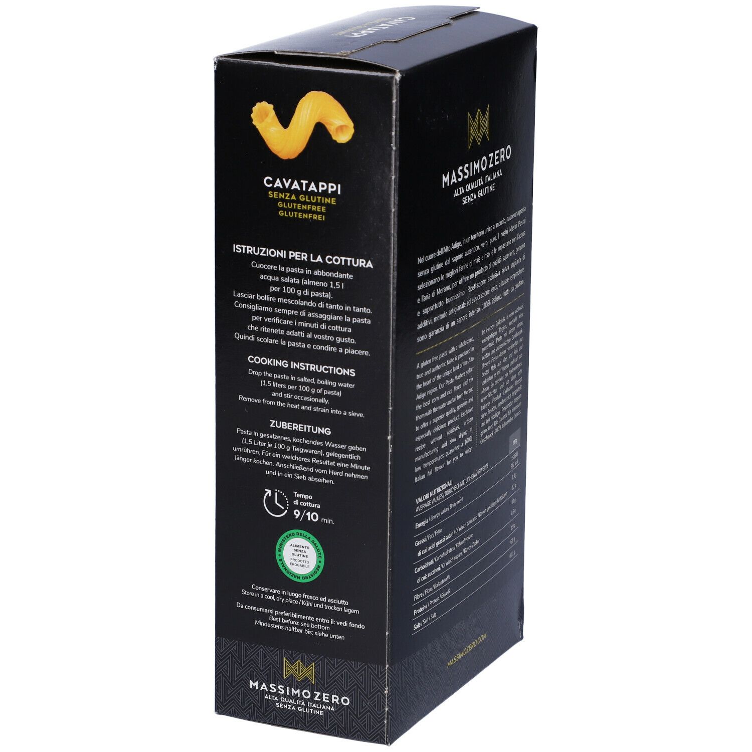 Confezione nera Massimo Zero Cavatappi. Retro con testo e pasta. Senza glutine, 400g.