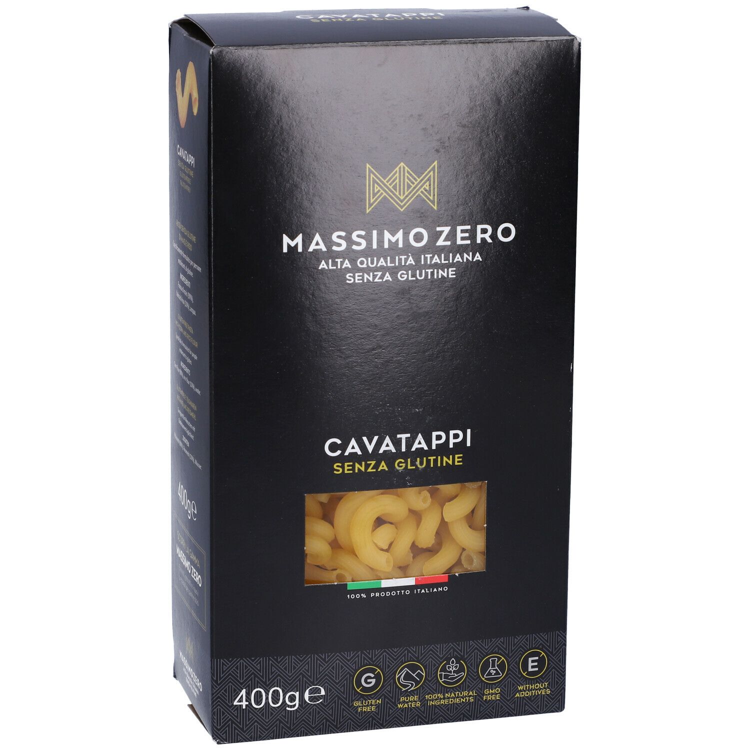 Confezione nera Massimo Zero Cavatappi. Fronte con pasta. Senza glutine, 400g.
