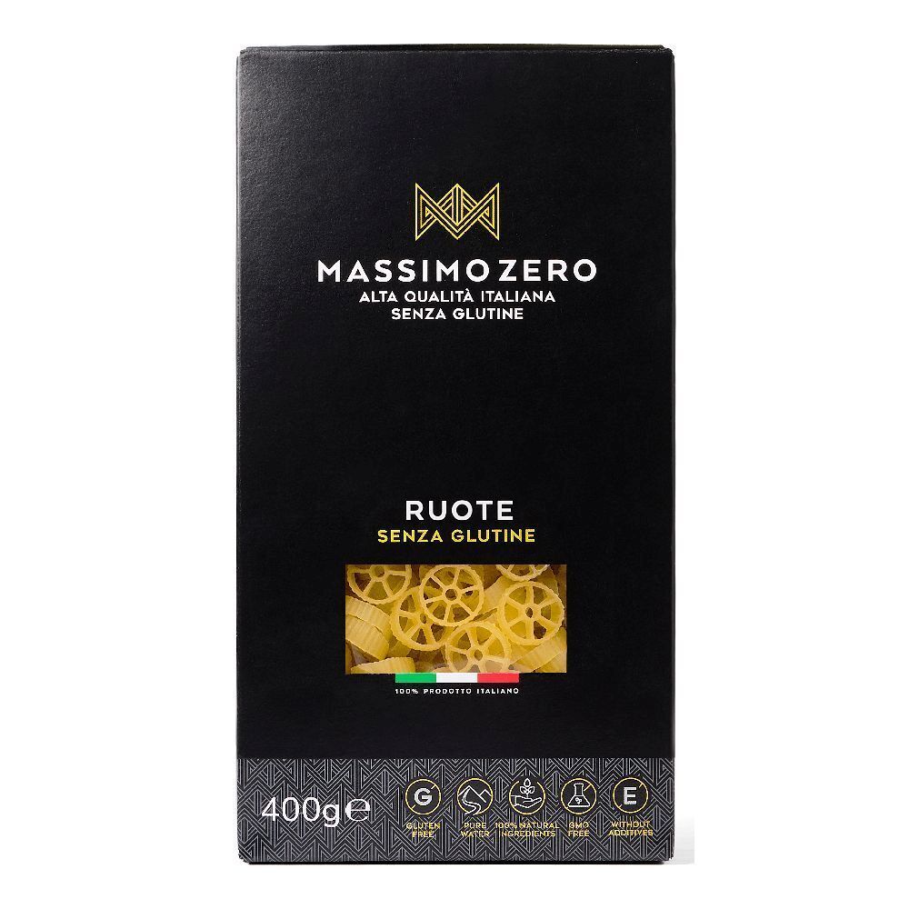 Confezione nera Massimo Zero Ruote. Finestra con pasta senza glutine. 400g, prodotto italiano.