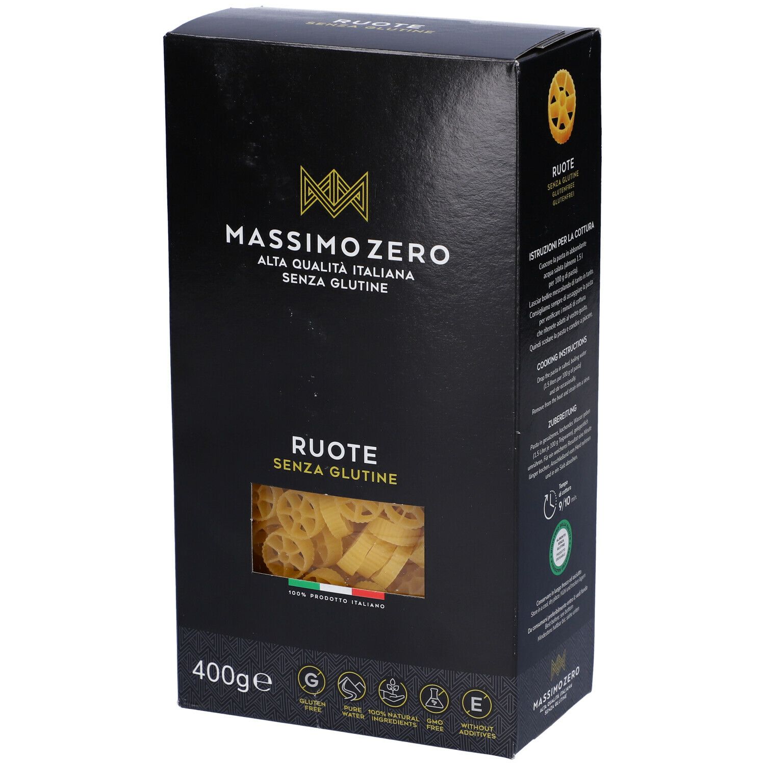 Confezione nera Massimo Zero Ruote, angolata. Finestra con pasta. 400g, senza glutine. Prodotto italiano.