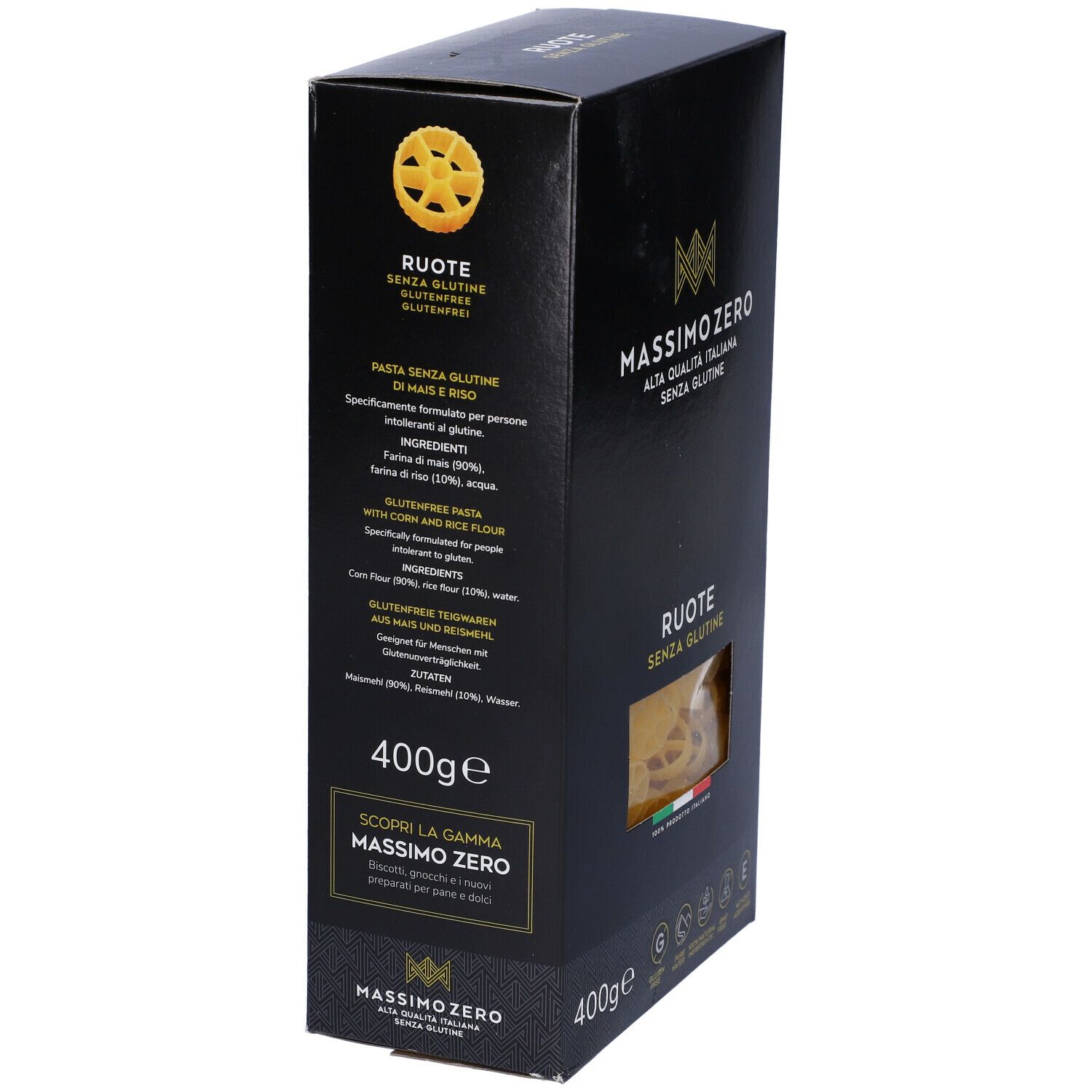 Confezione nera Massimo Zero Ruote, retro. Testo con ingredienti e valori nutrizionali. 400g, senza glutine.