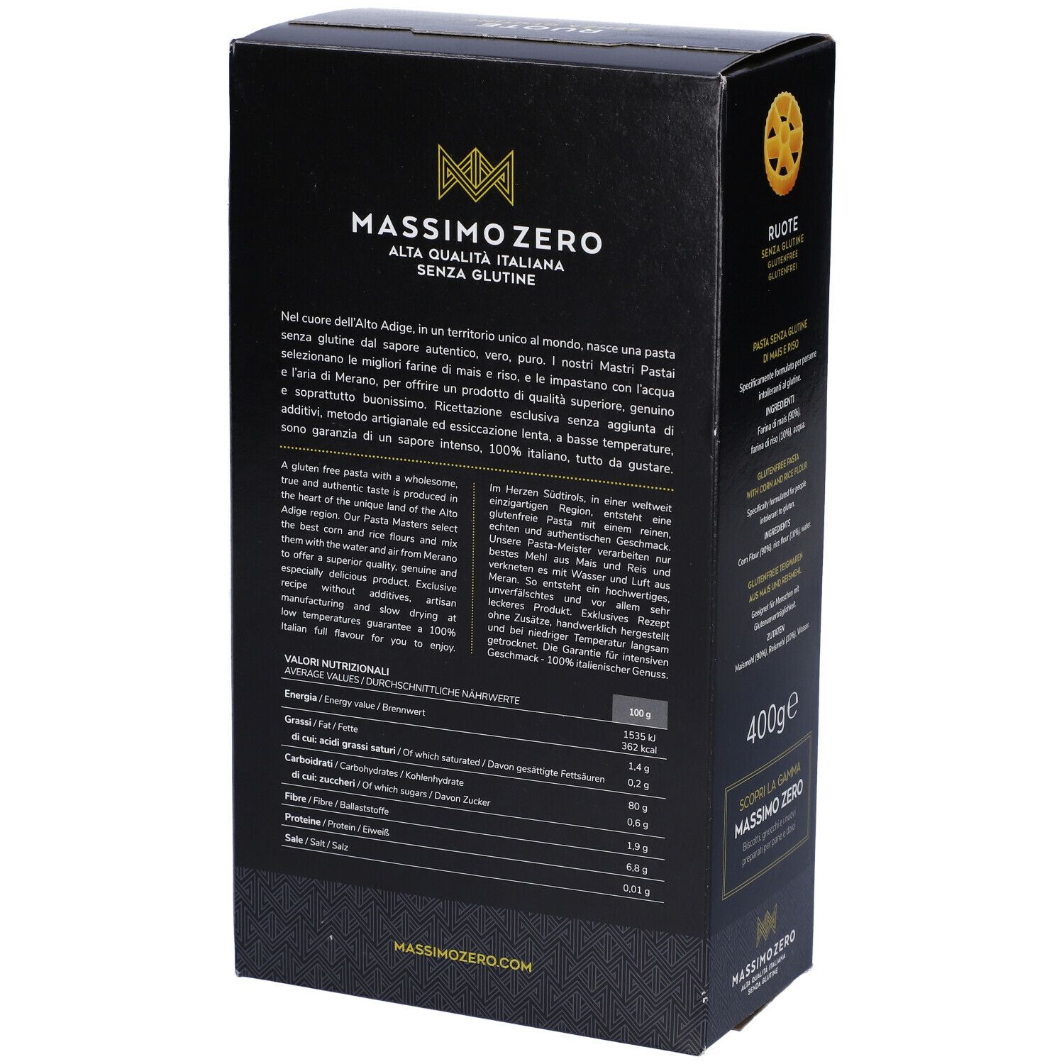 Confezione nera Massimo Zero Ruote, retro. Testo con istruzioni di cottura. 400g, senza glutine.