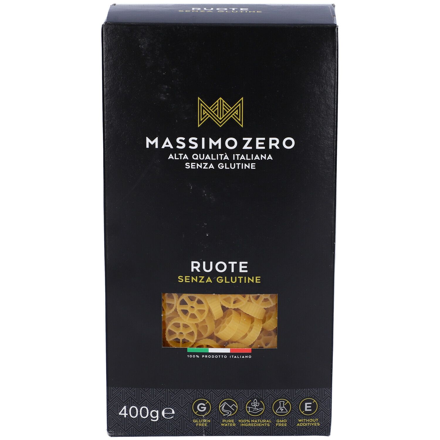 Confezione nera Massimo Zero Ruote. Finestra con pasta senza glutine. 400g, prodotto italiano.