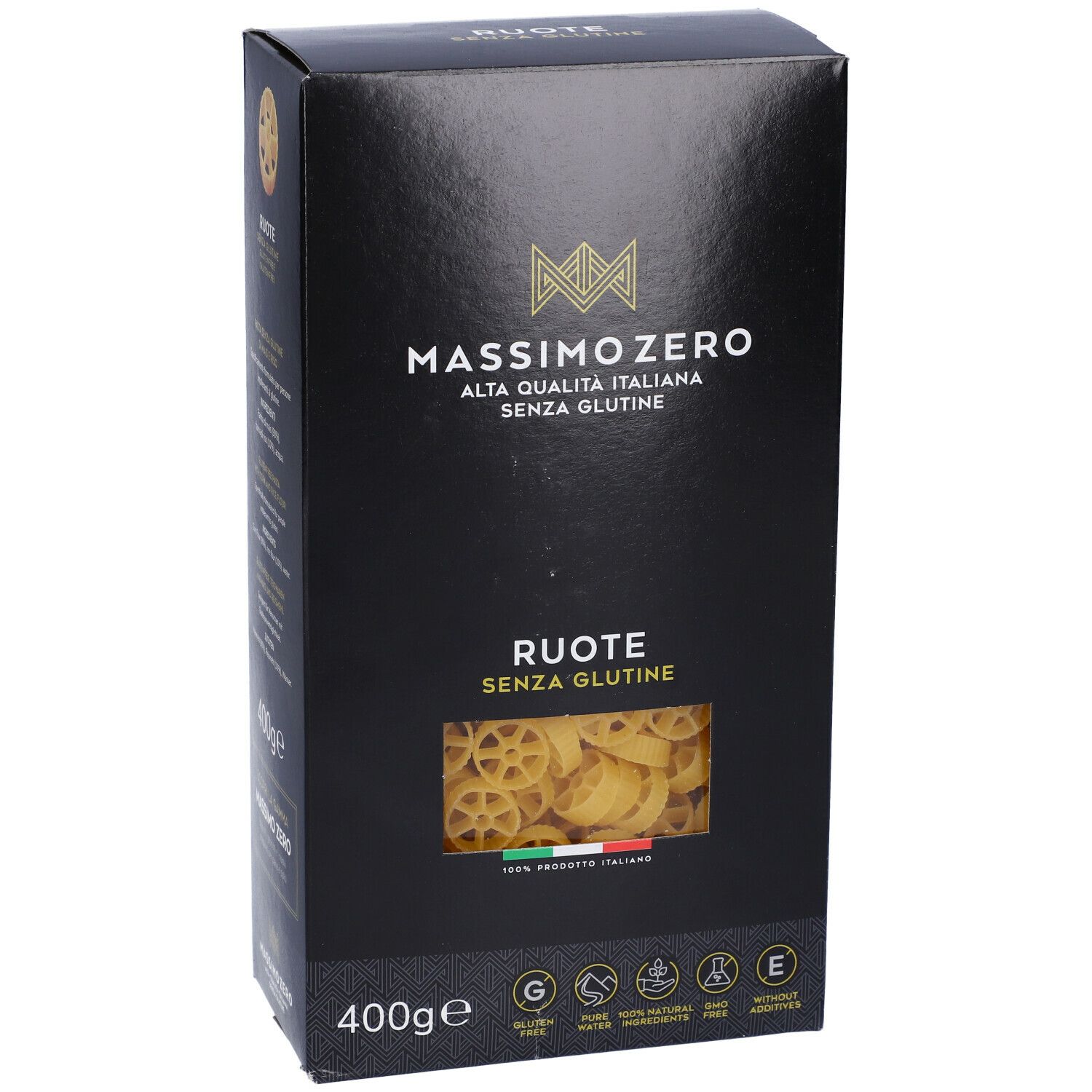 Confezione nera Massimo Zero Ruote. Finestra con pasta senza glutine. 400g, prodotto italiano.